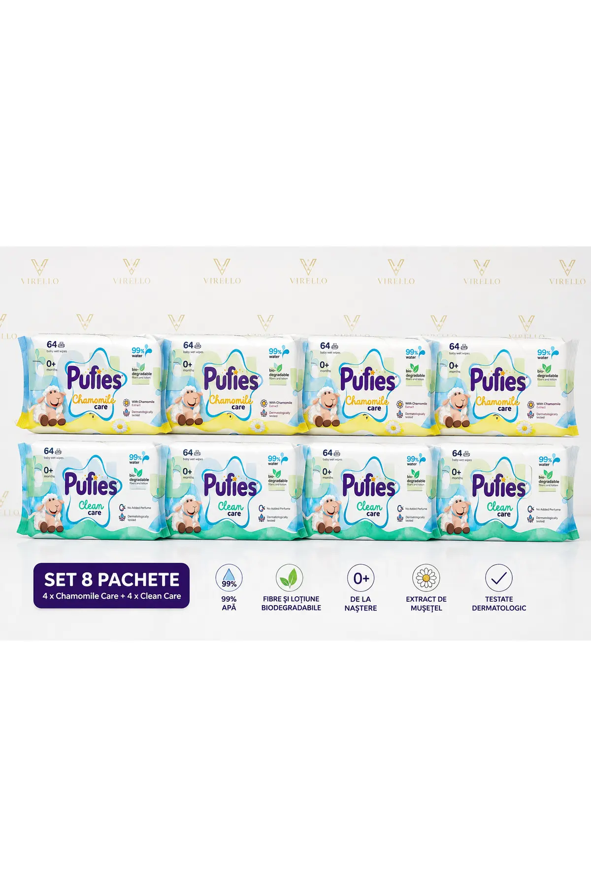 Set 8 Pachete Șervețele Umede pentru Bebeluși Pufies, 64 buc/pachet – 4 Chamomile Care + 4 Clean Care