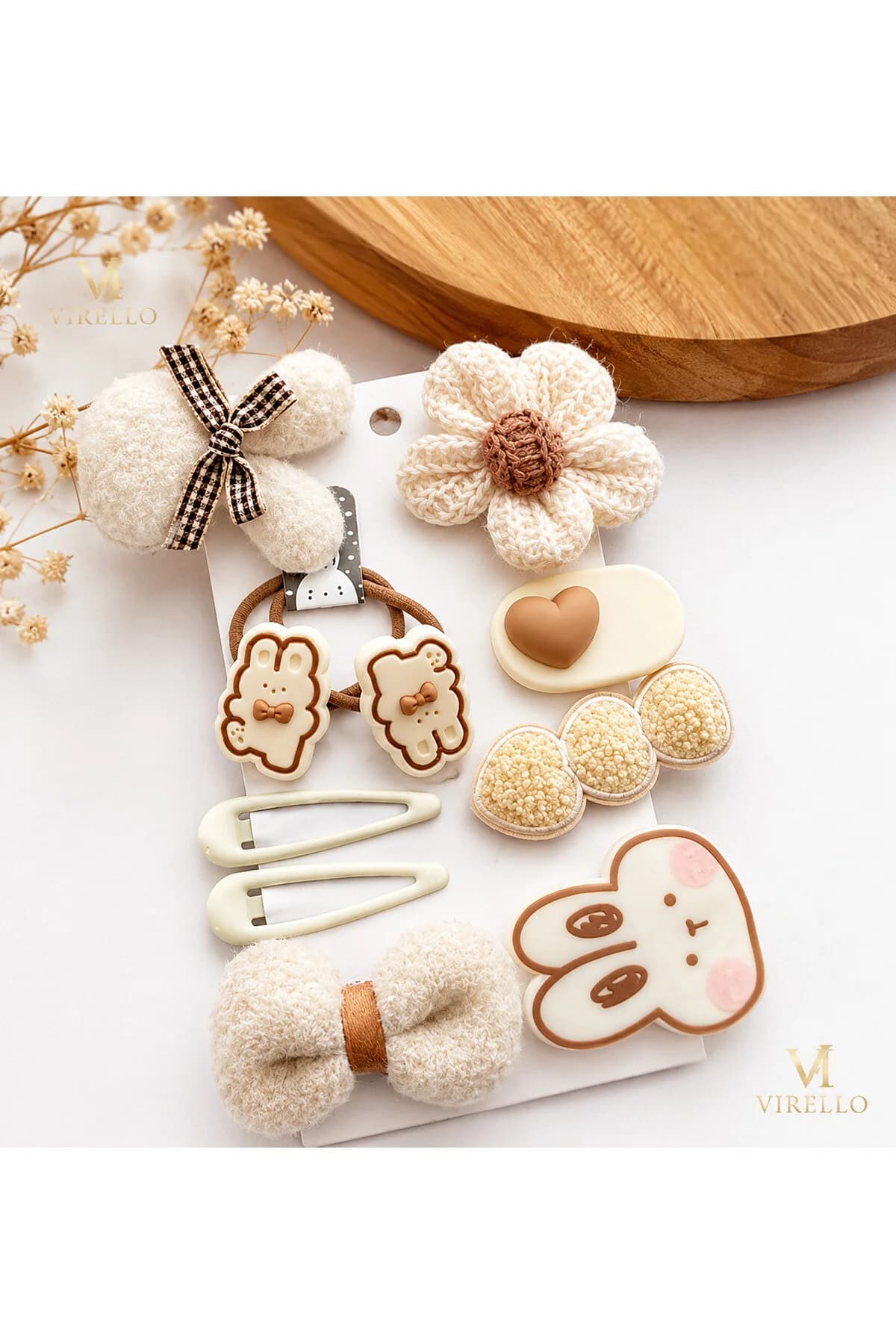 Set Accesorii de Păr pentru Fetițe, 9 Piese, Fundițe, Floare, Iepuraș și Inimioare, Crem & Bej
