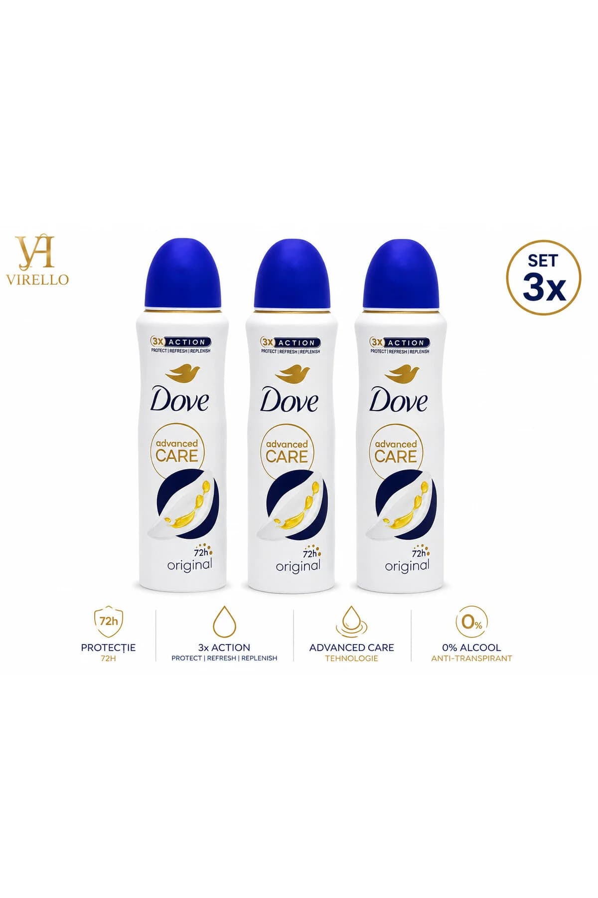 Set 3x Advanced Care Original – Deodorant Spray Antiperspirant Femei, Protecție 72h