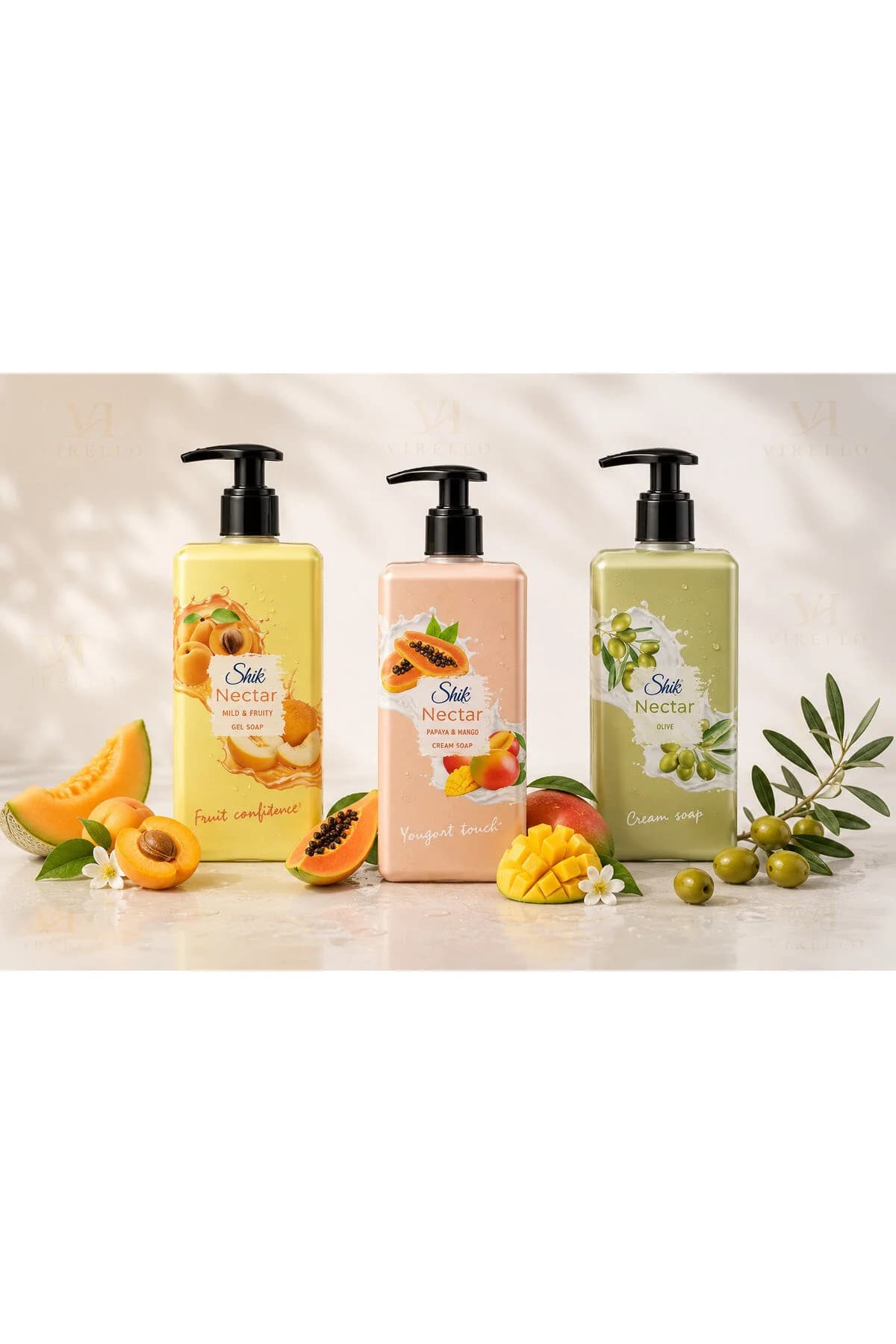 Set 3 Săpunuri Lichide Nectar, Pepene Galben & Caise, Papaya & Mango și Olive, 450 ml/buc – 1,35 L