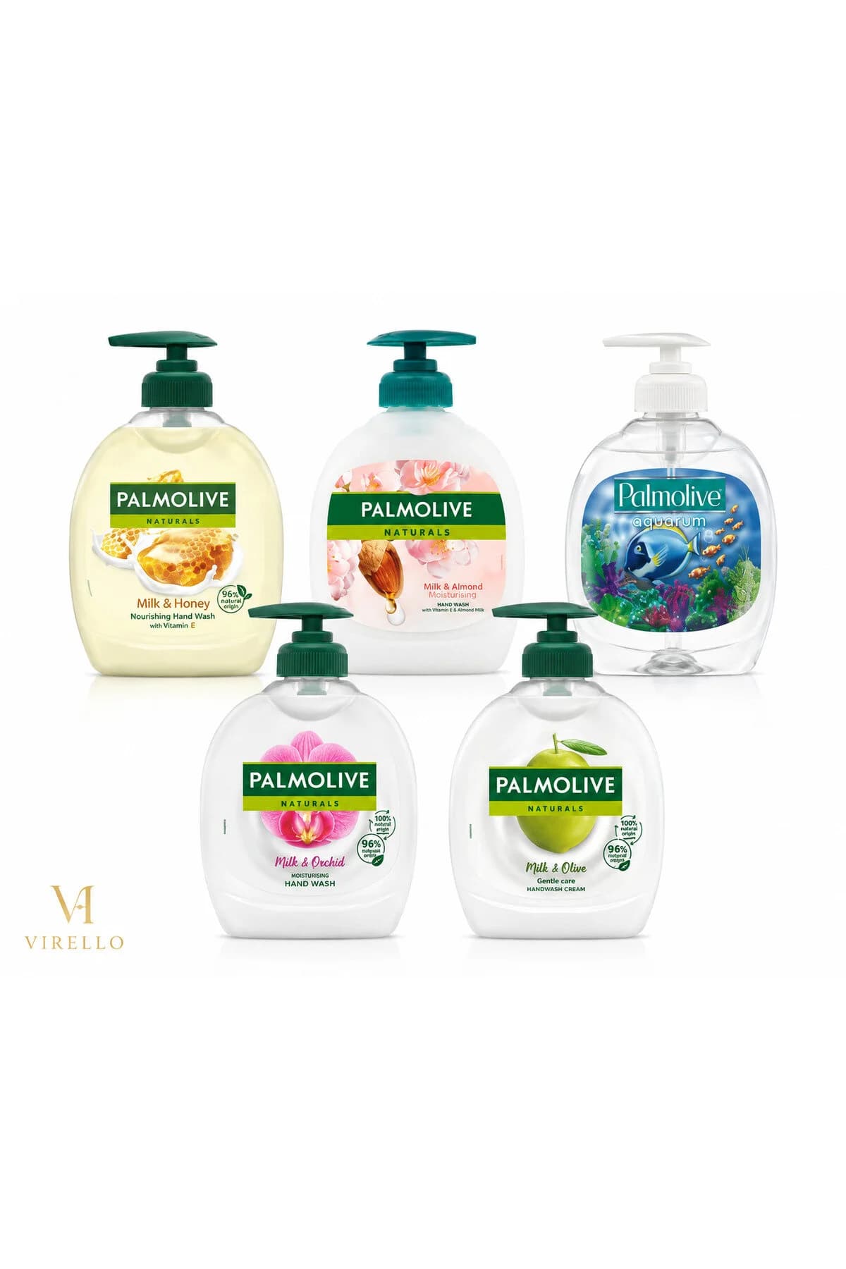 Set 5 Săpunuri Lichide Palmolive, Lapte și Miere, Lapte și Migdale, Aquarium, Lapte și Orhidee și Lapte și Măsline, 300 ml/buc – 1,5 L
