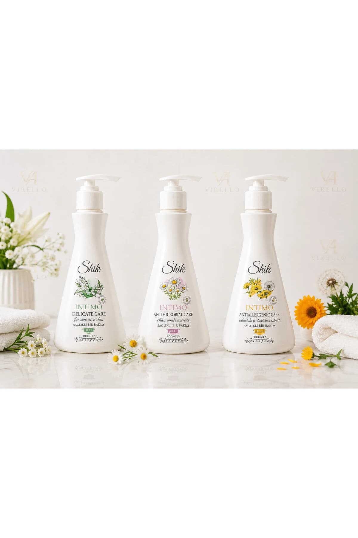 Set 3 Geluri pentru Igienă Intimă Intimo, Delicate Care, Mușețel și Gălbenele & Păpădie, 300 ml/buc – 900 ml