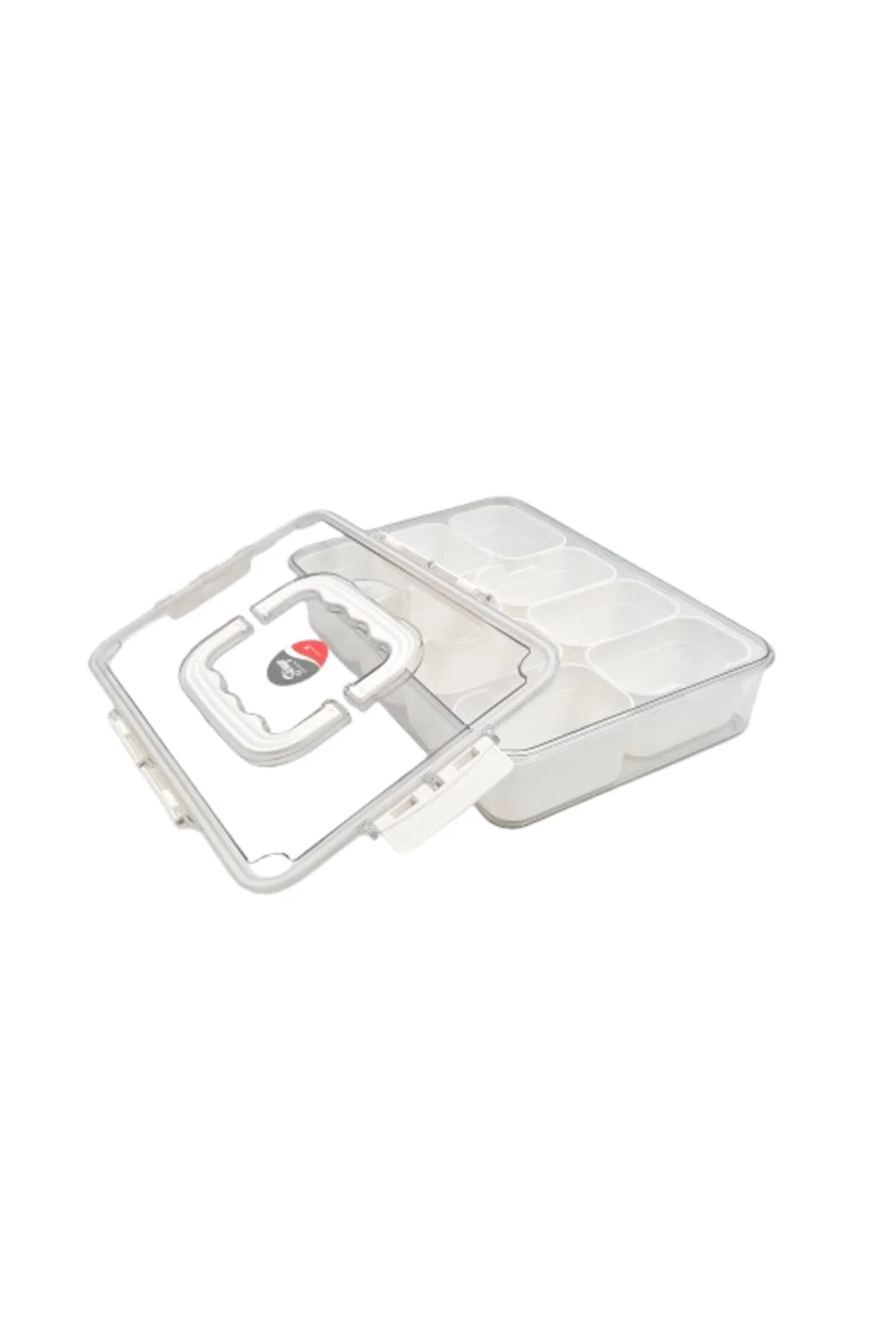 Cutie de depozitare compartimentată cu mâner și capac transparent, organizator multifuncțional pentru accesorii și obiecte mici