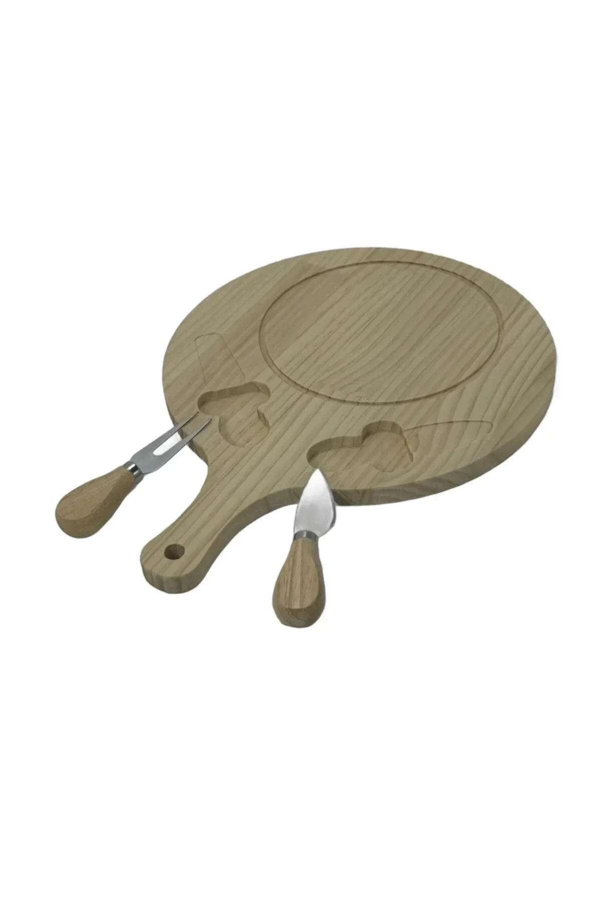 Set de tocătoare rotunde din lemn cu 2 ustensile 28*38CM – Ideal pentru brânzeturi, aperitive sau servire rustică