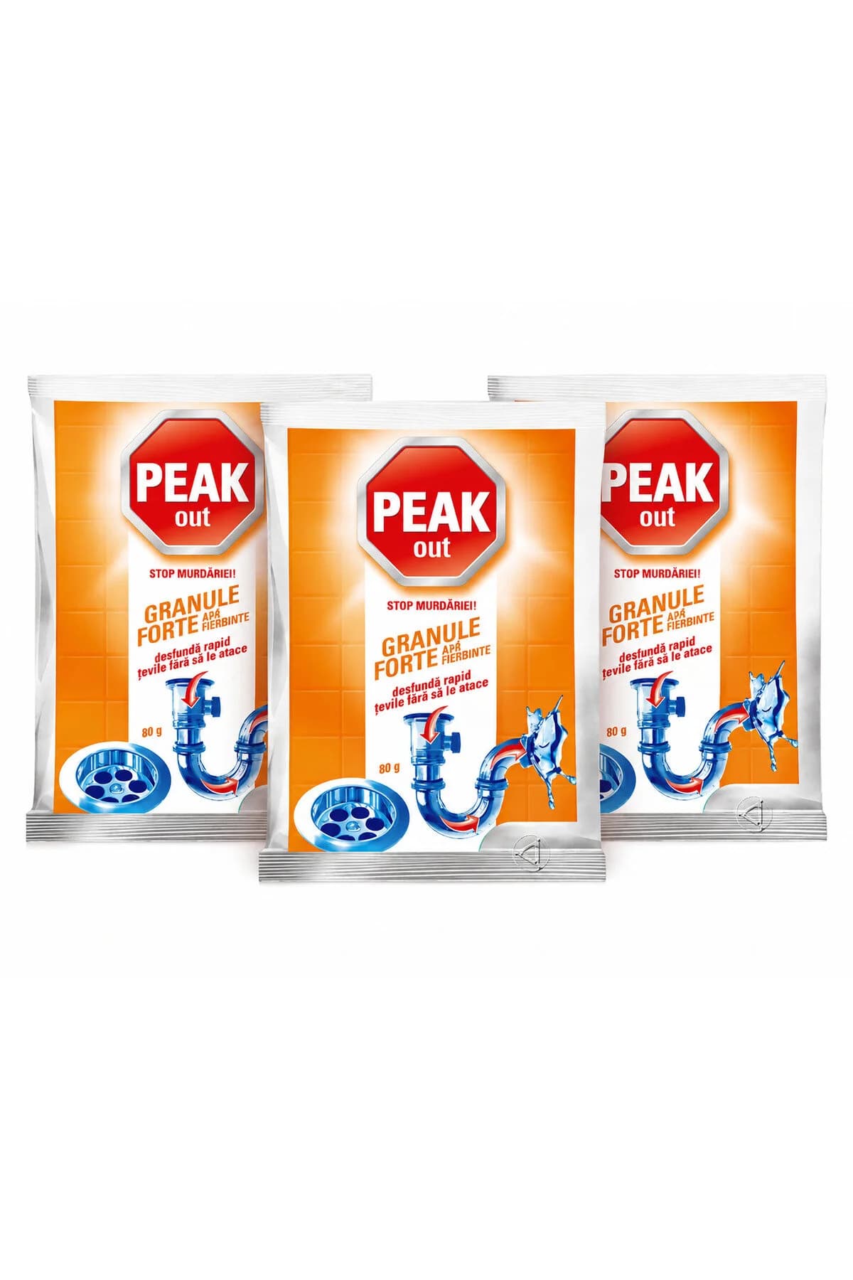 Set 3 x Out Granule Forte pentru desfundat țevi și scurgeri, 80 g/buc, total 240 g