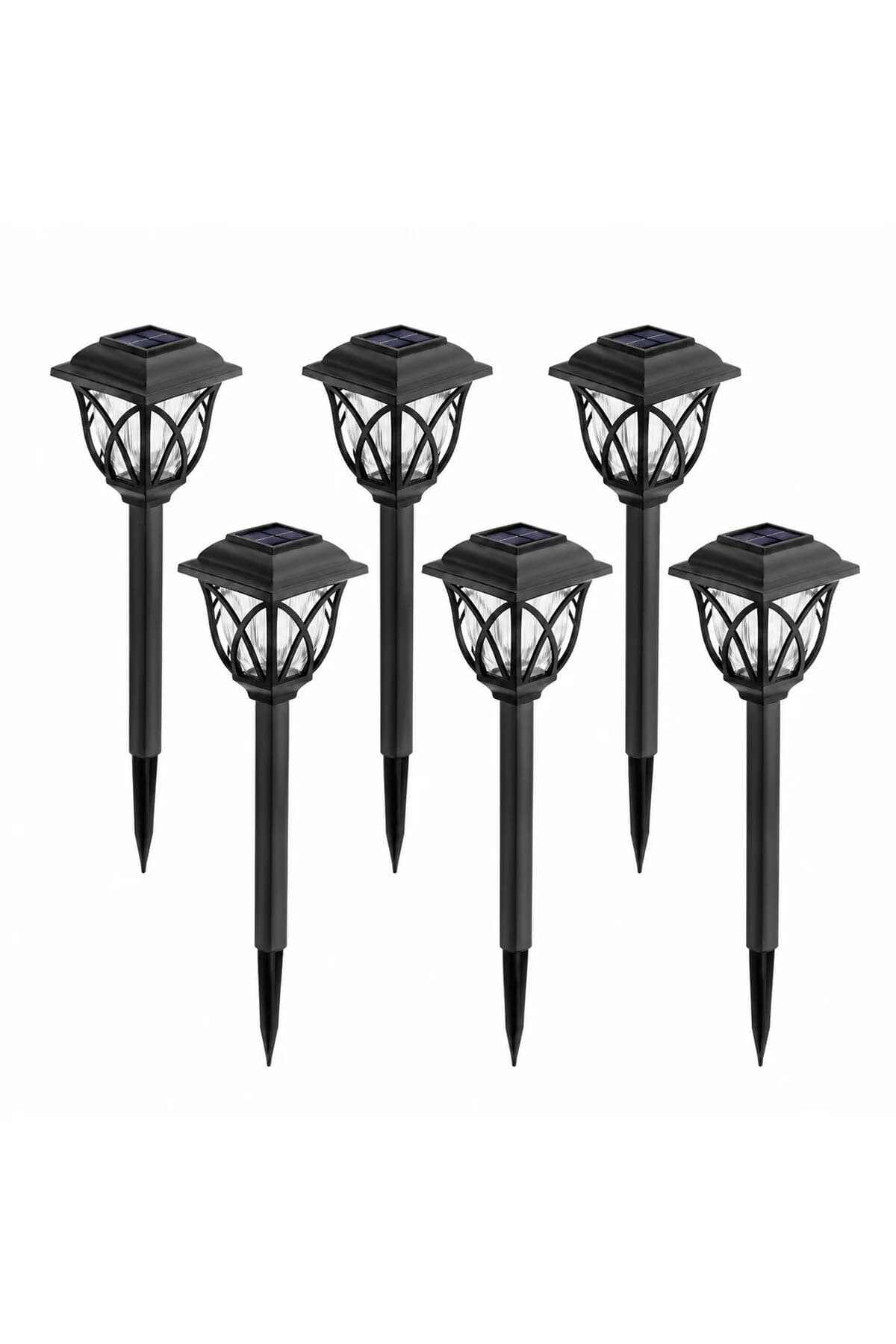 Set 6 lămpi solare LED pentru grădină, cu țăruș, design tip felinar, iluminare decorativă, negru
