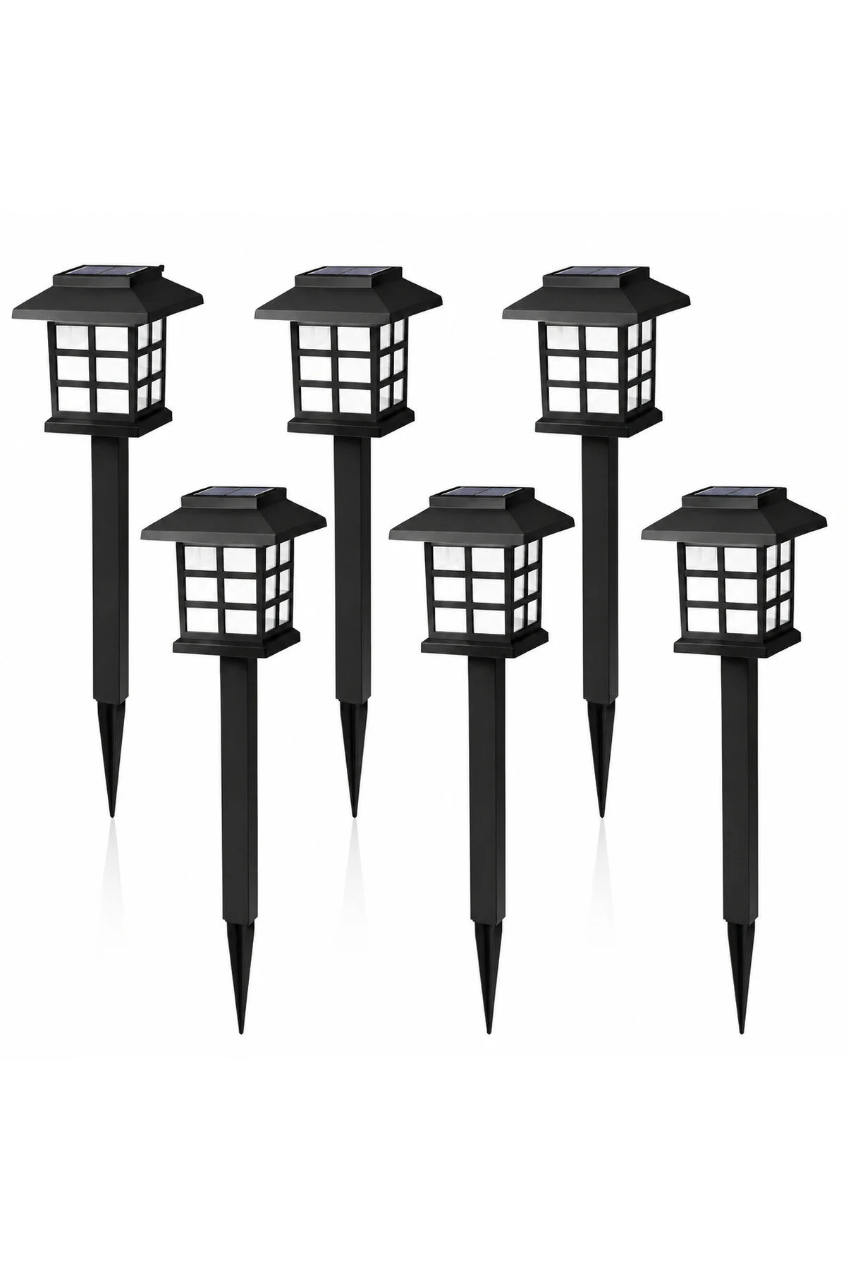 Set 6 lămpi solare LED pentru grădină, cu țăruș, design tip felinar pătrat, negru