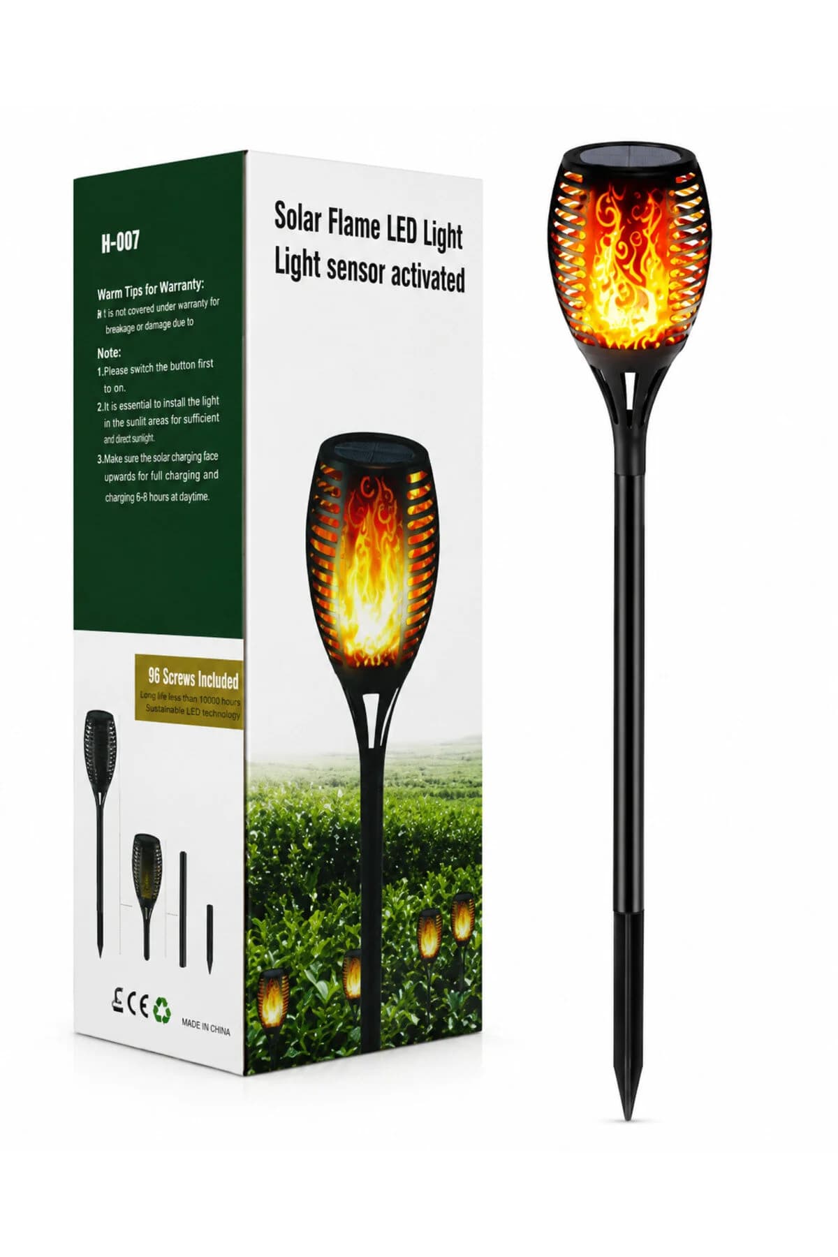 Lampă solară LED tip torță cu efect flacără, senzor de lumină, țăruș pentru grădină, model H-007