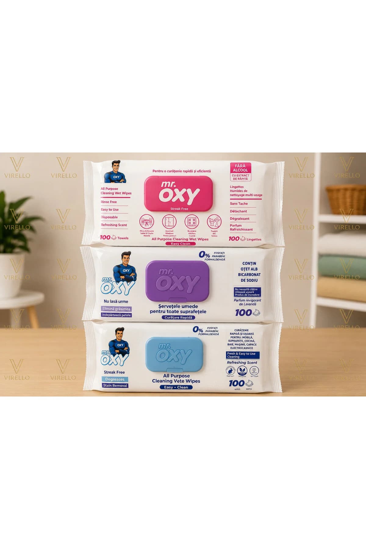 Mr. Oxy Pack – 3 x șervețele umede pentru curățare, 100 bucăți/pachet, 300 șervețele în total