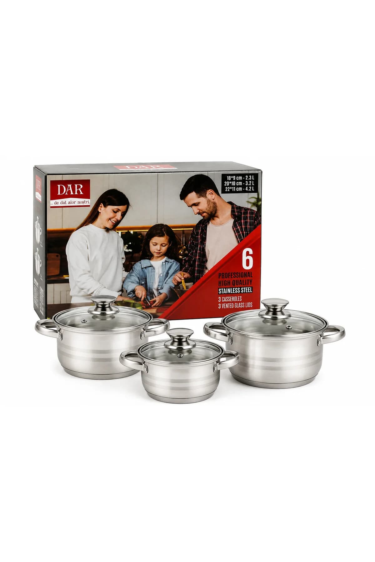 Set oale inox DAR, 6 piese, 3 oale cu capace din sticlă, 2.3 L / 3.2 L / 4.2 L