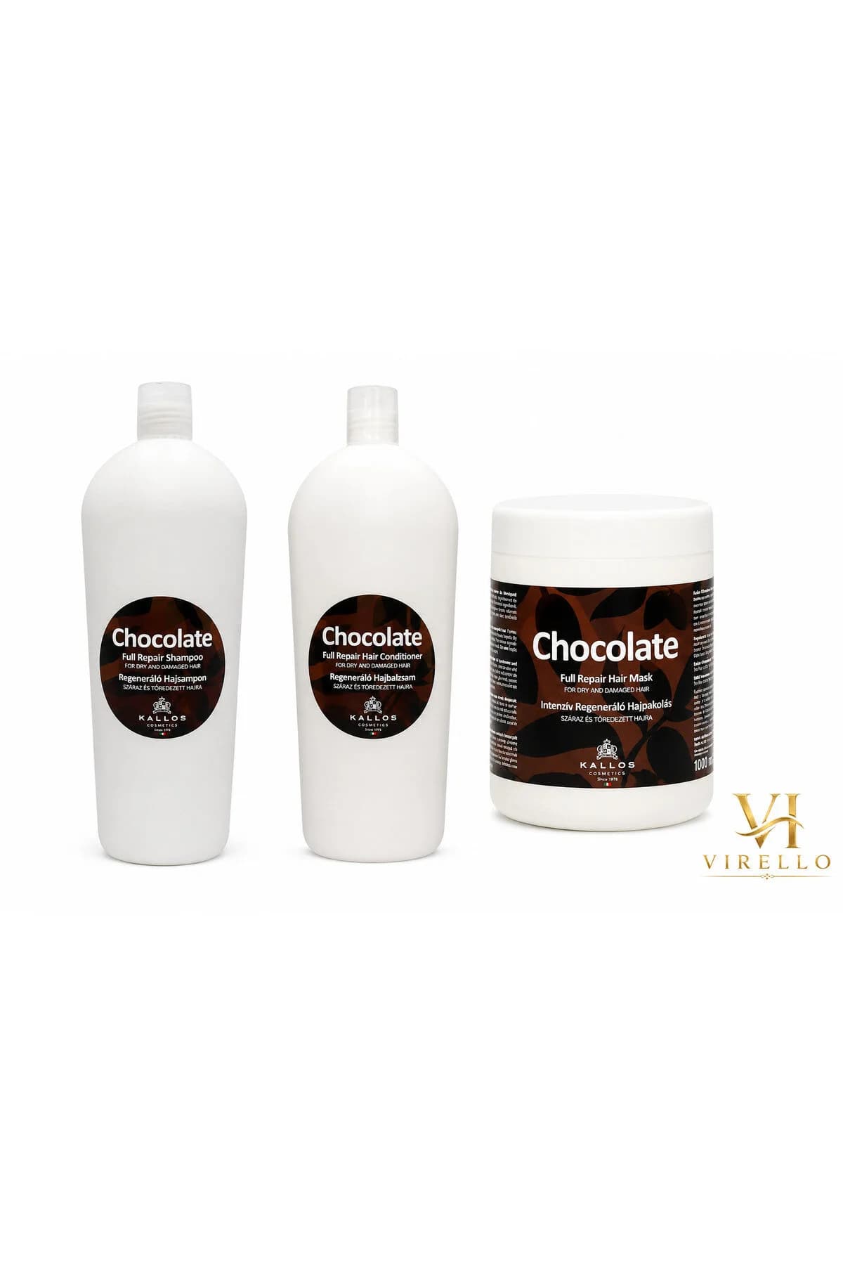 Set Kallos Chocolate Full Repair – Șampon + Balsam + Mască 1000 ml, pentru păr uscat și deteriorat