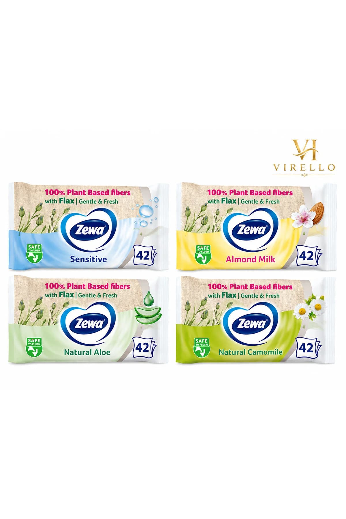 Set 4 pachete șervețele umede Zewa, Sensitive, Almond Milk, Aloe și Camomile, 42 buc/pachet