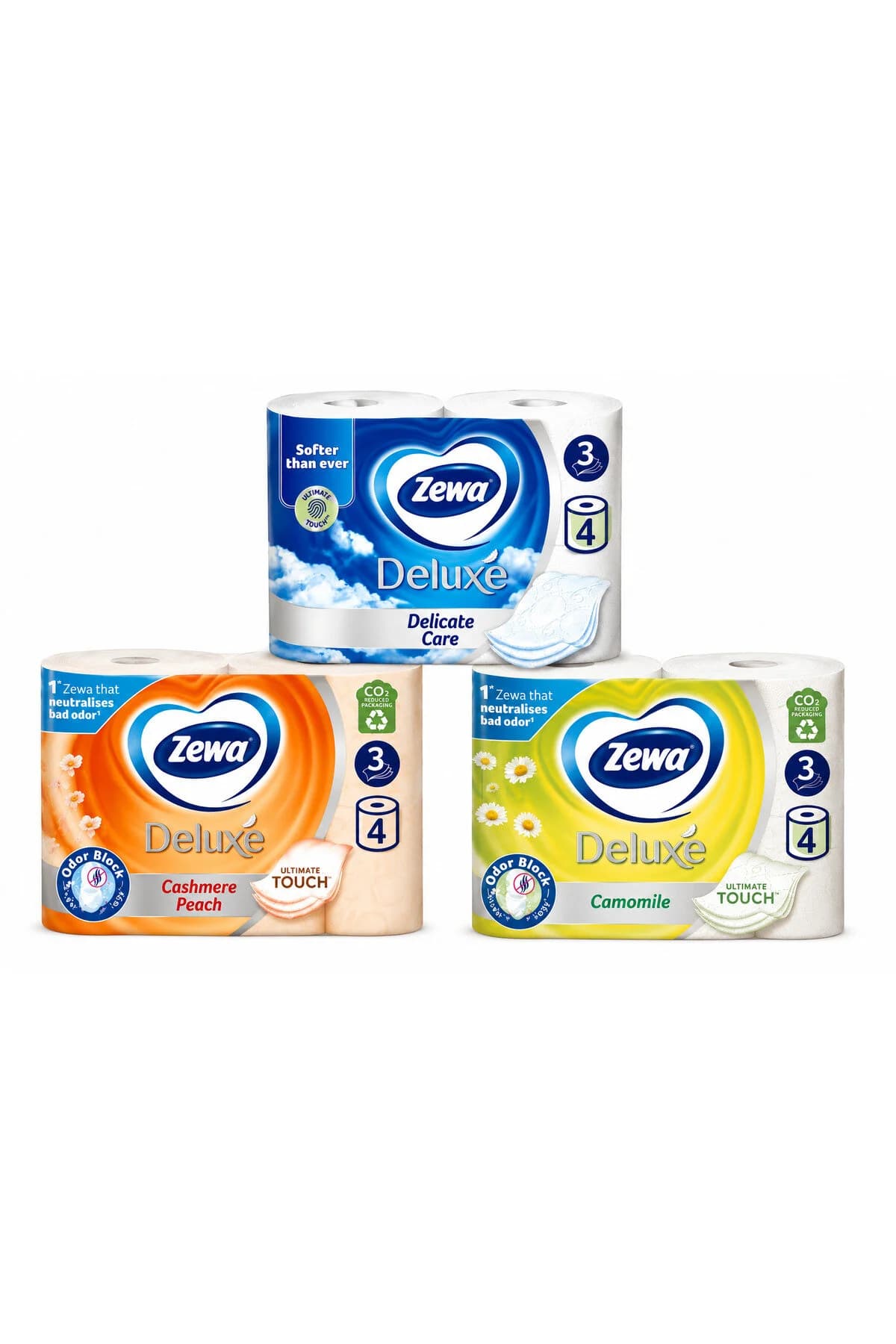 Set Deluxe Hârtie Igienică, 3 variante – Delicate Care, Cashmere Peach și Camomile, 3 straturi, 4 role/pachet, 12 role