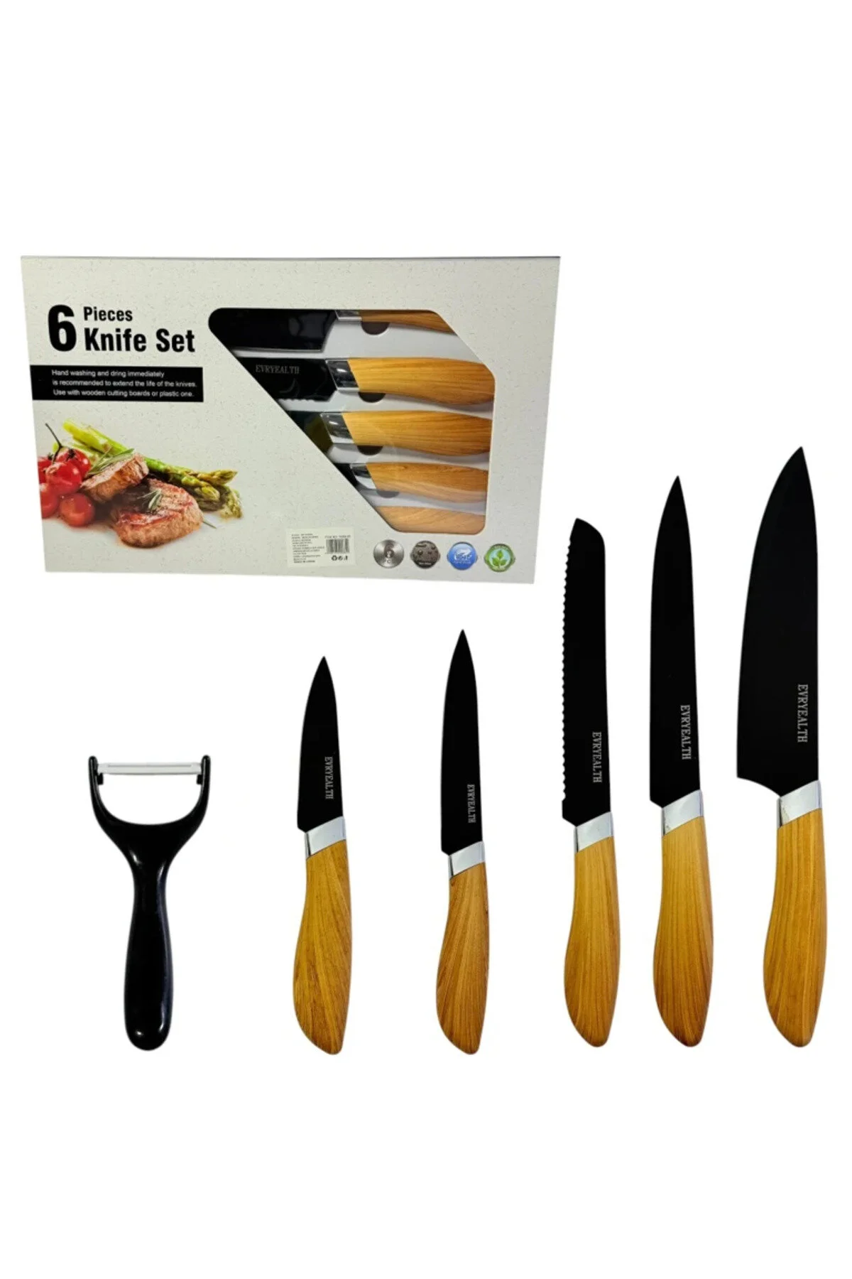 Set de 6 cuțite de bucătărie cu curățător de legume, lame negre și mânere cu finisaj din lemn