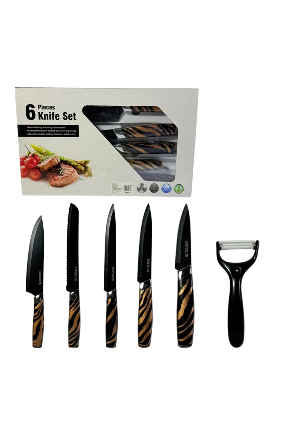 Set de 6 cuțite de bucătărie cu curățător de legume, lame negre și mânere cu model decorativ