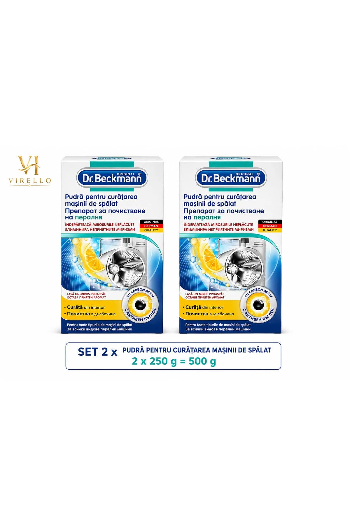 Set 2 x Dr. Beckmann Pudră pentru Curățarea Mașinii de Spălat, cu Carbon Activ, 250 g/buc, 500 g