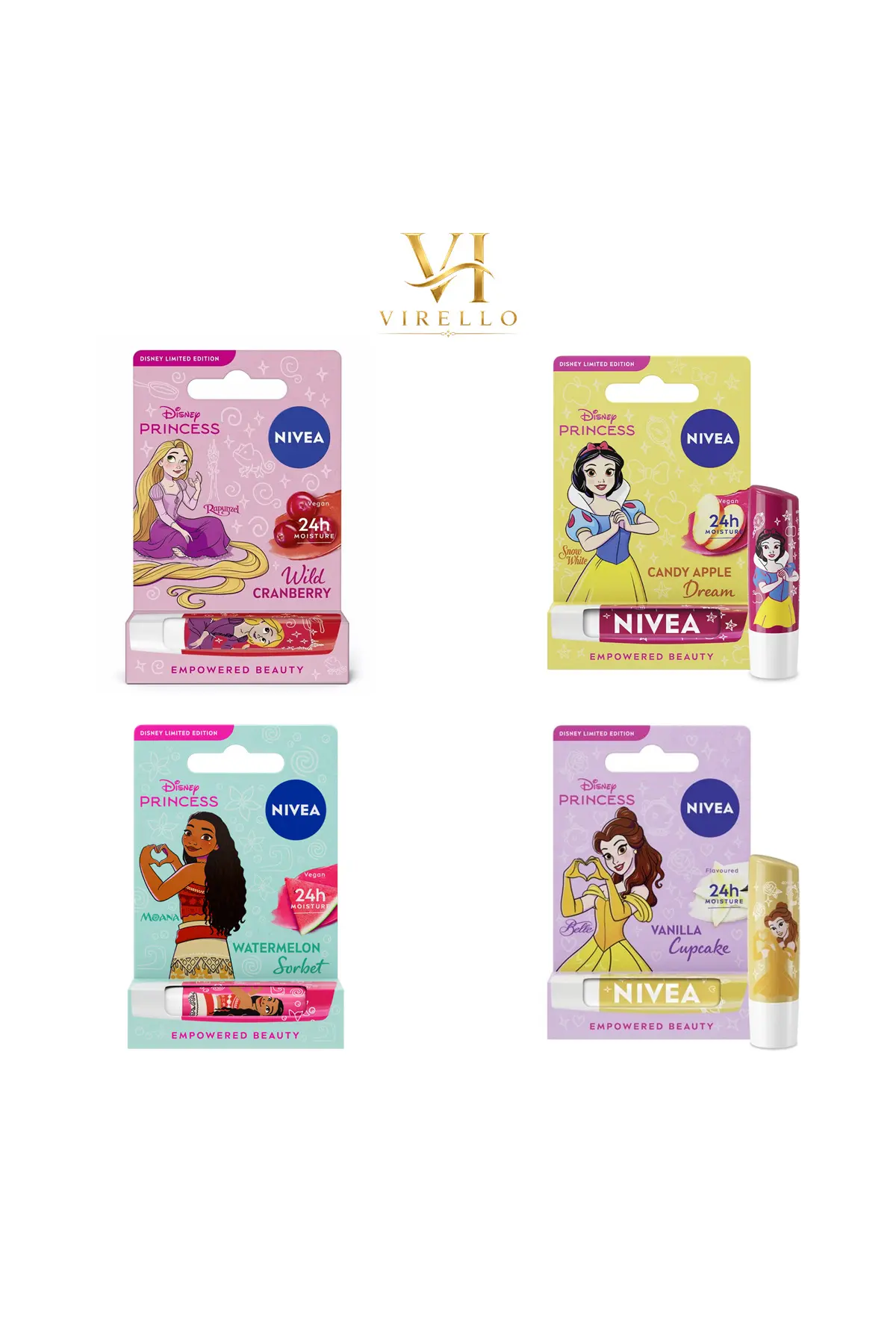 Set 4 Balsamuri de Buze Disney Princess, 24h Hidratare, 4 x 4,8 g