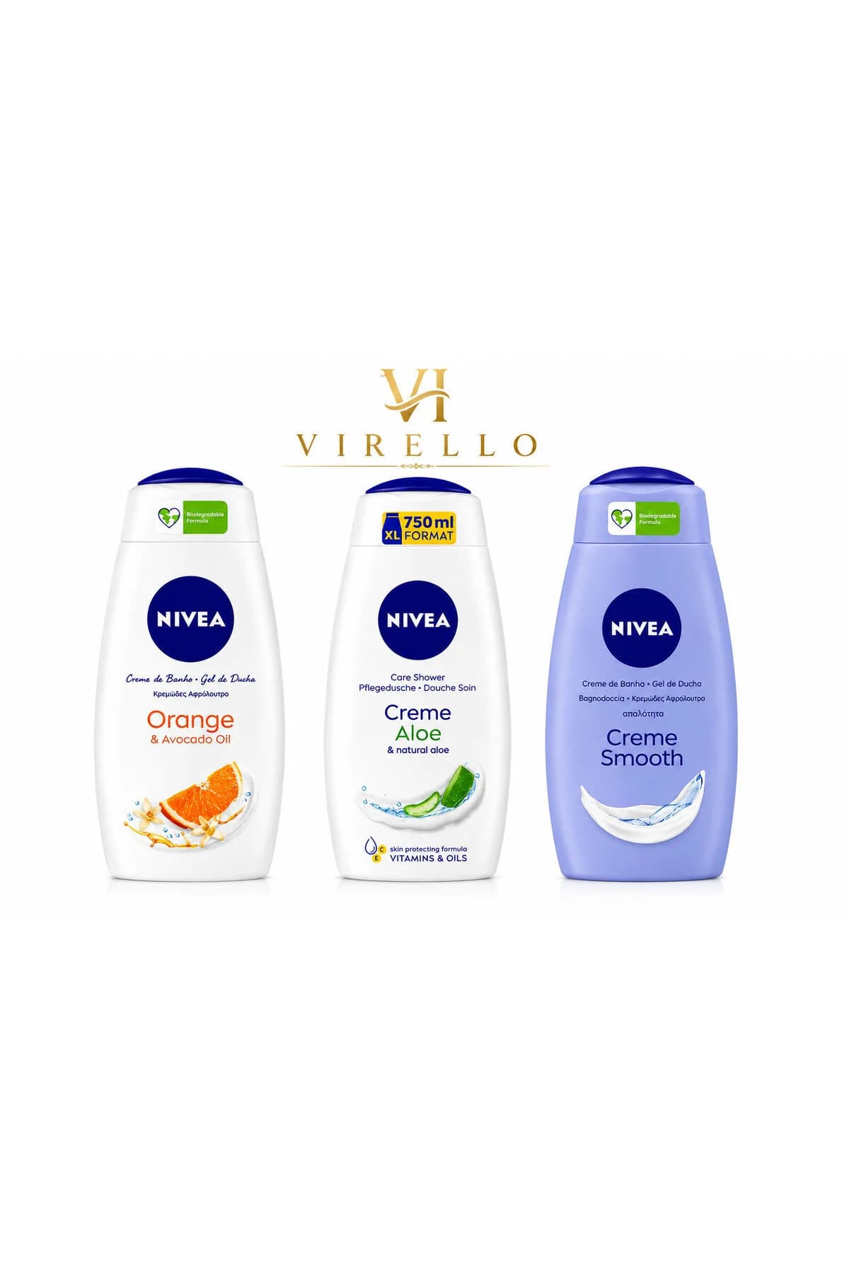 Set 3 Geluri de Duș – Orange & Avocado Oil, Creme Aloe și Creme Smooth, 3 x 750 ml