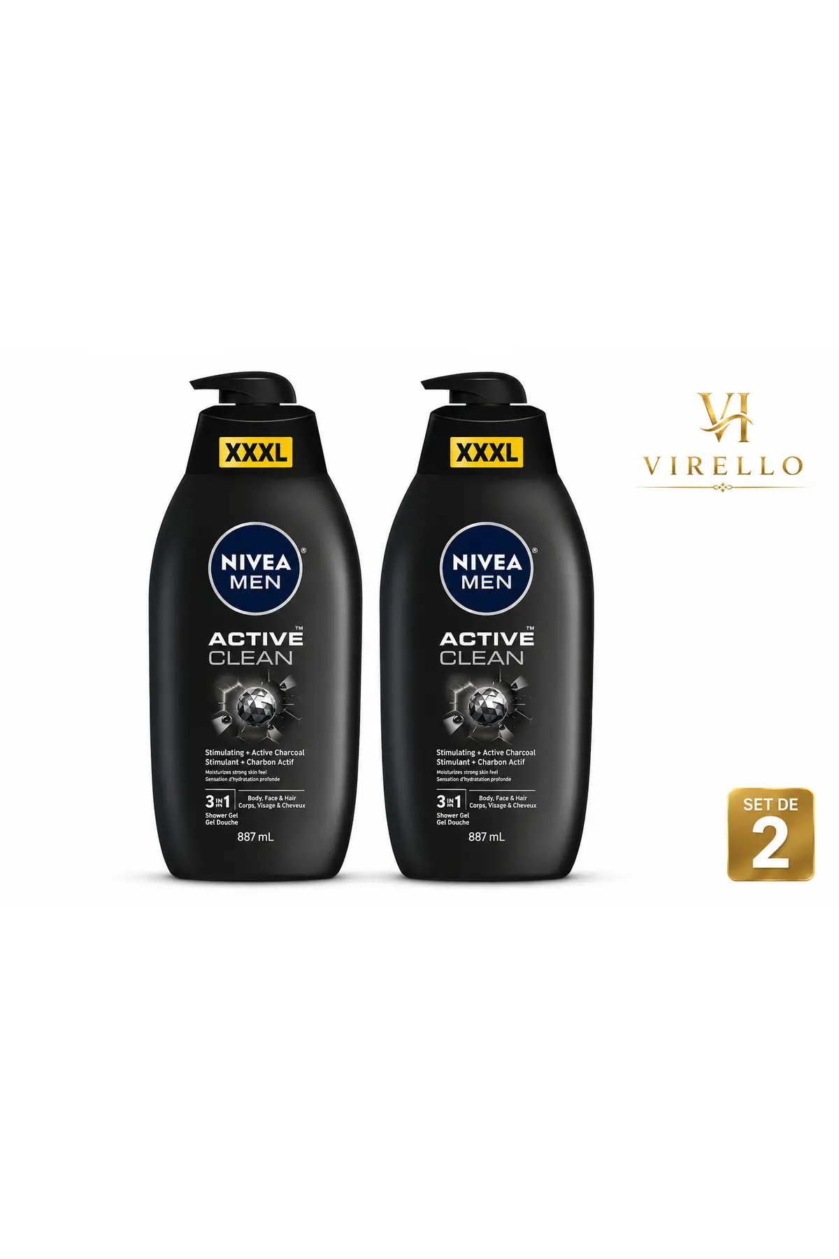Set 2 Geluri de Duș MEN Active Clean 3 în 1 cu Cărbune Activ, 887 ml/buc