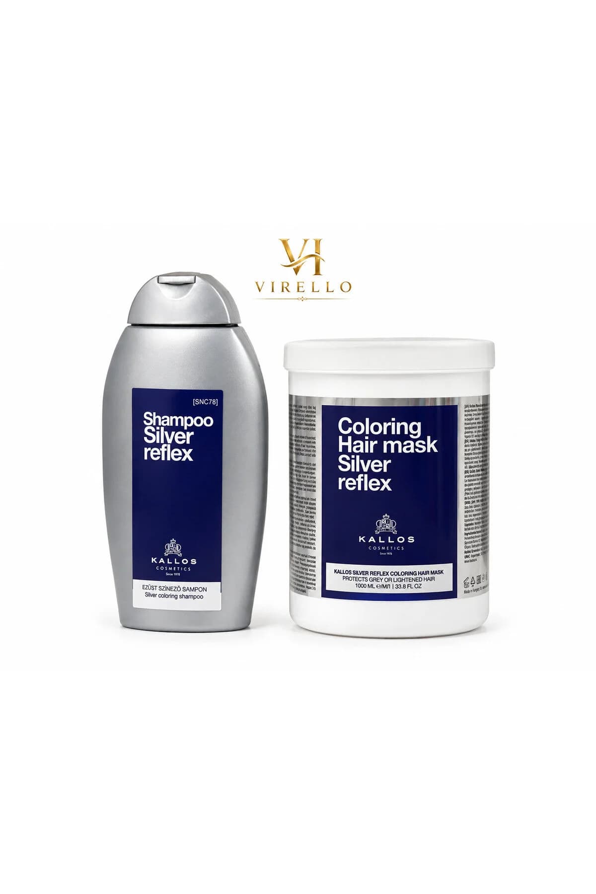 Set Kallos Silver Reflex – Șampon nuanțator + Mască nuanțatoare pentru păr blond, gri sau decolorat, 2 produse