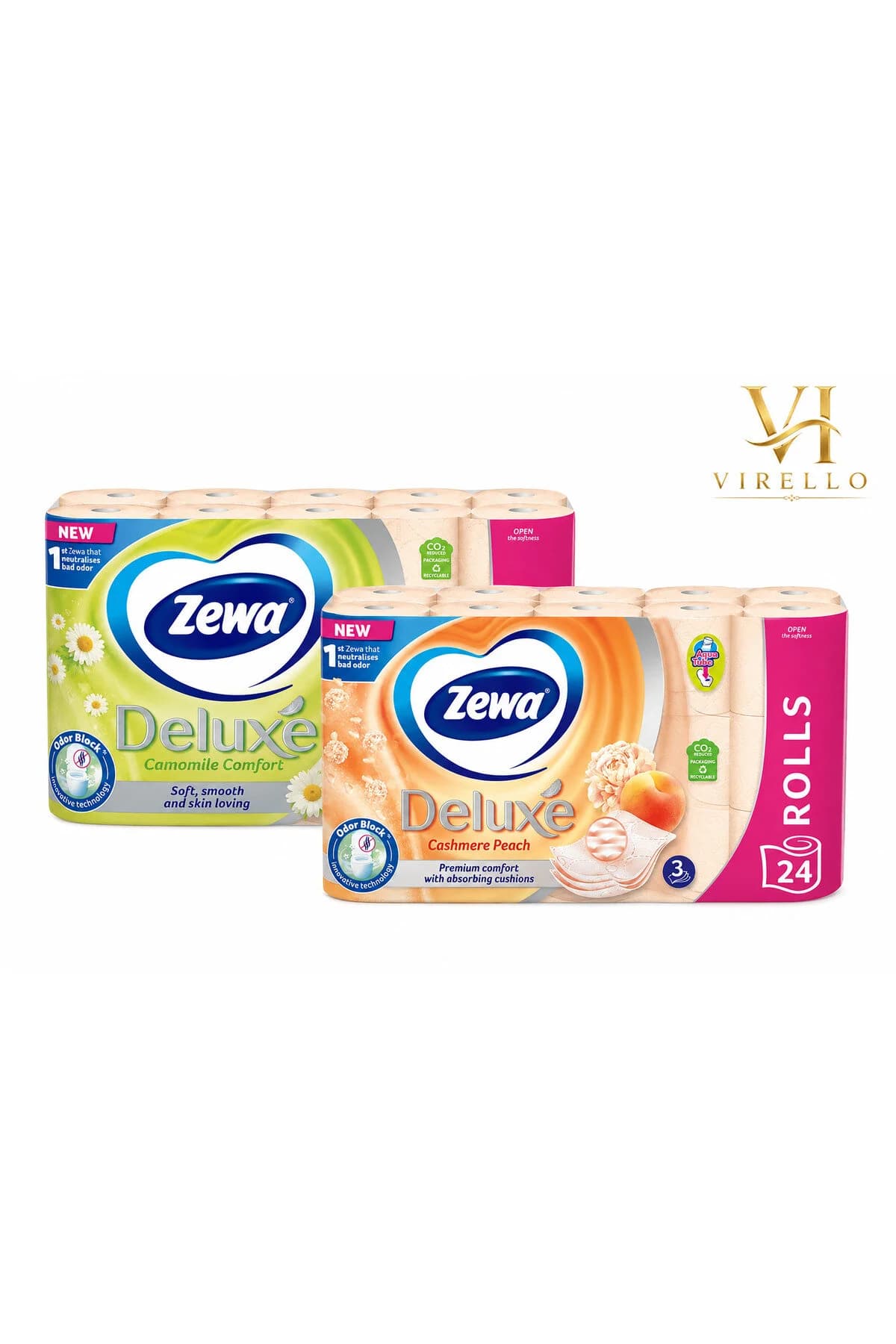 Set 2 x Hârtie Igienică Deluxe, Camomile Comfort + Cashmere Peach, 3 Straturi, 24 Role/Pachet, Total 48 Role