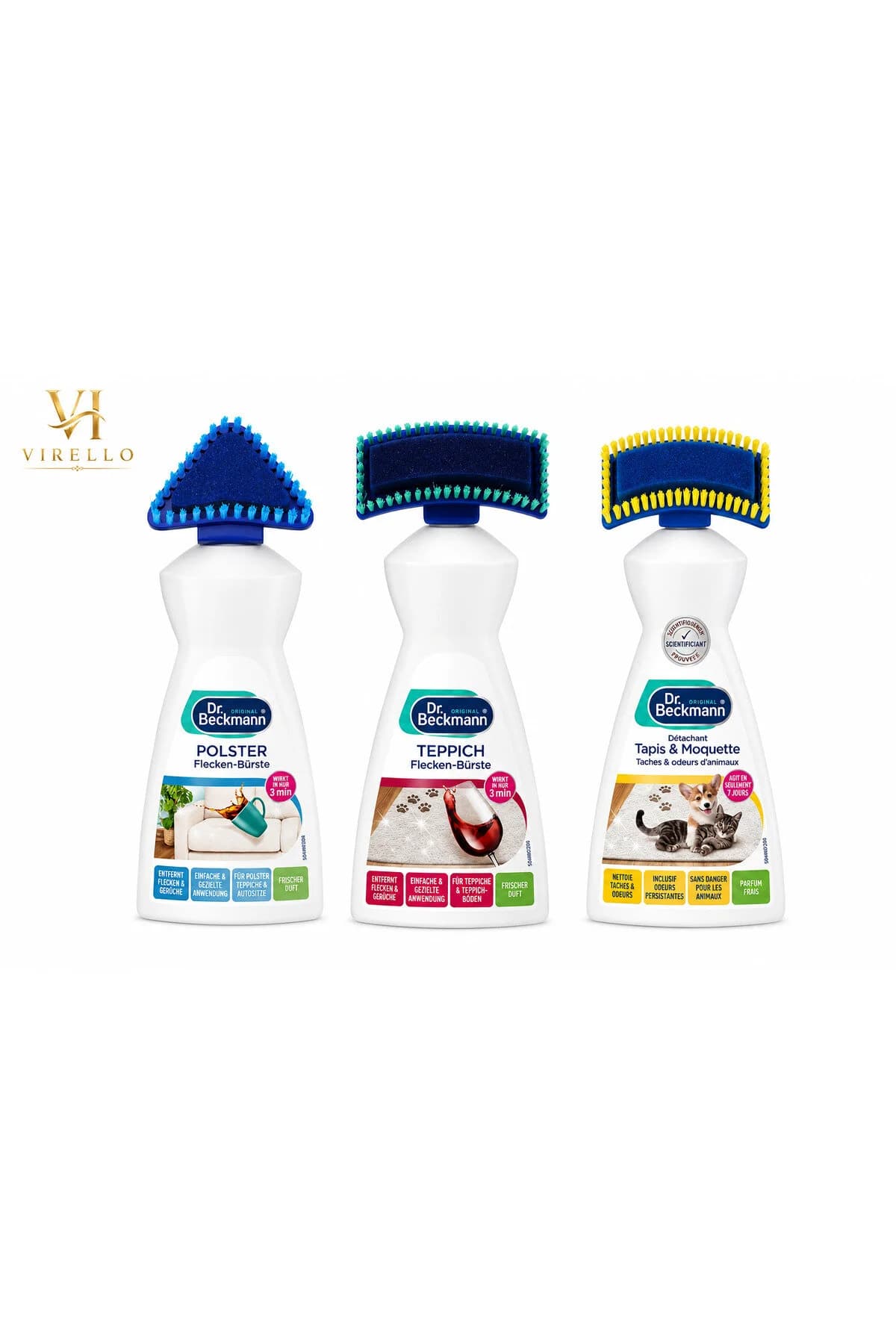 Set 3 soluții Dr. Beckmann cu perie pentru curățarea petelor, tapițerie și covoare, 400 ml + 2 x 650 ml