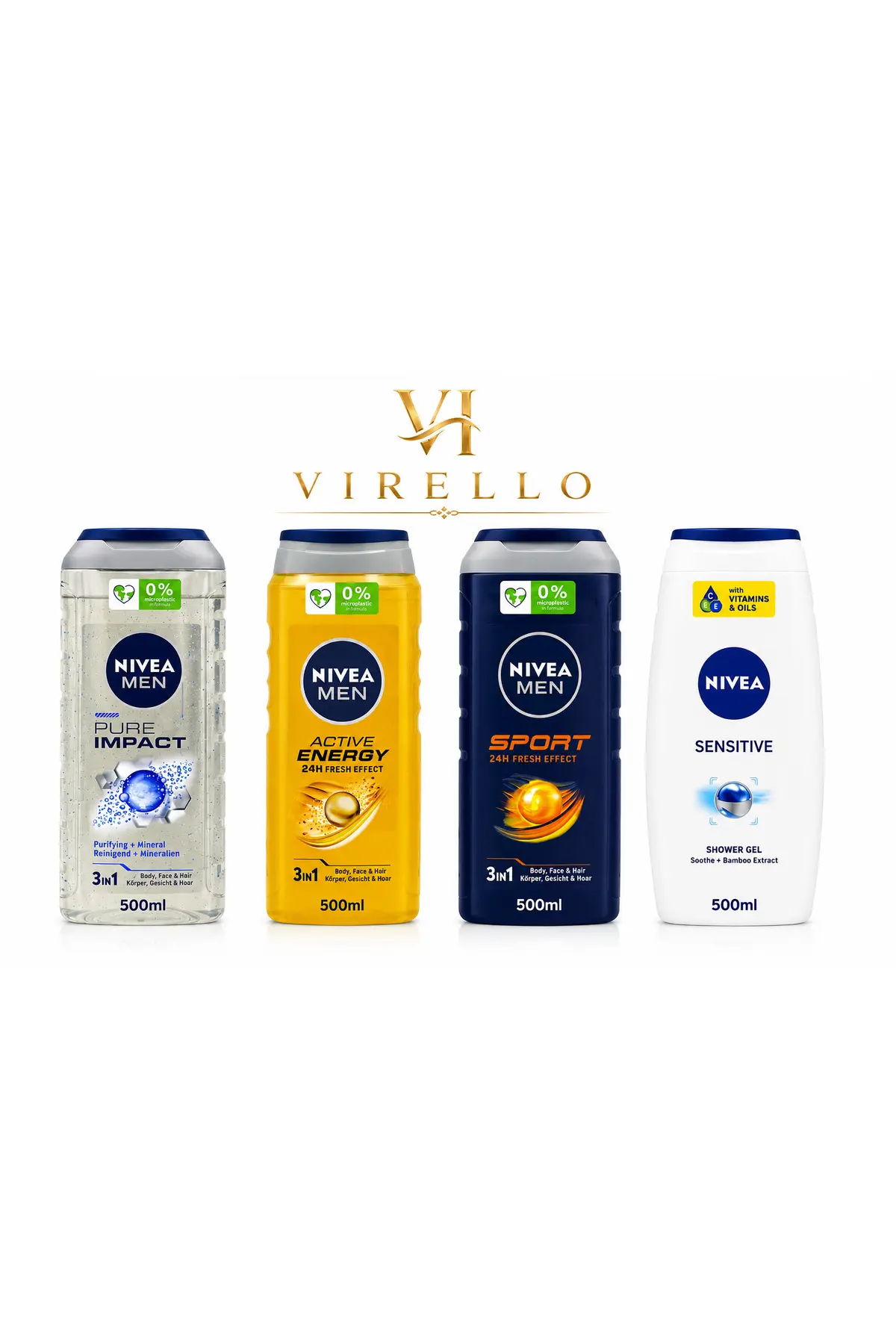 Set 4 Geluri de Duș MEN 500 ml – Pure Impact, Active Energy, Sport și Sensitive