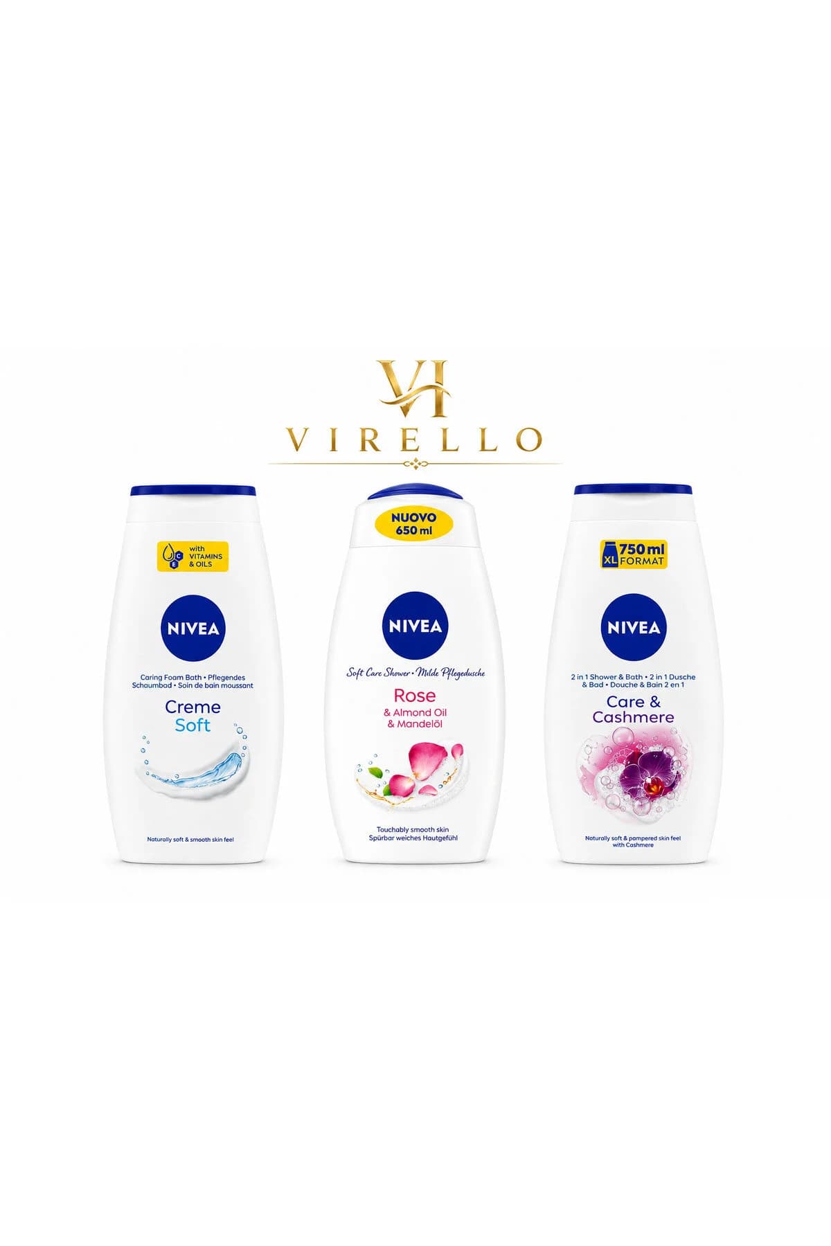 Set 3x750 ml Geluri de Duș – Creme Soft, Rose & Almond Oil și Care & Cashmere