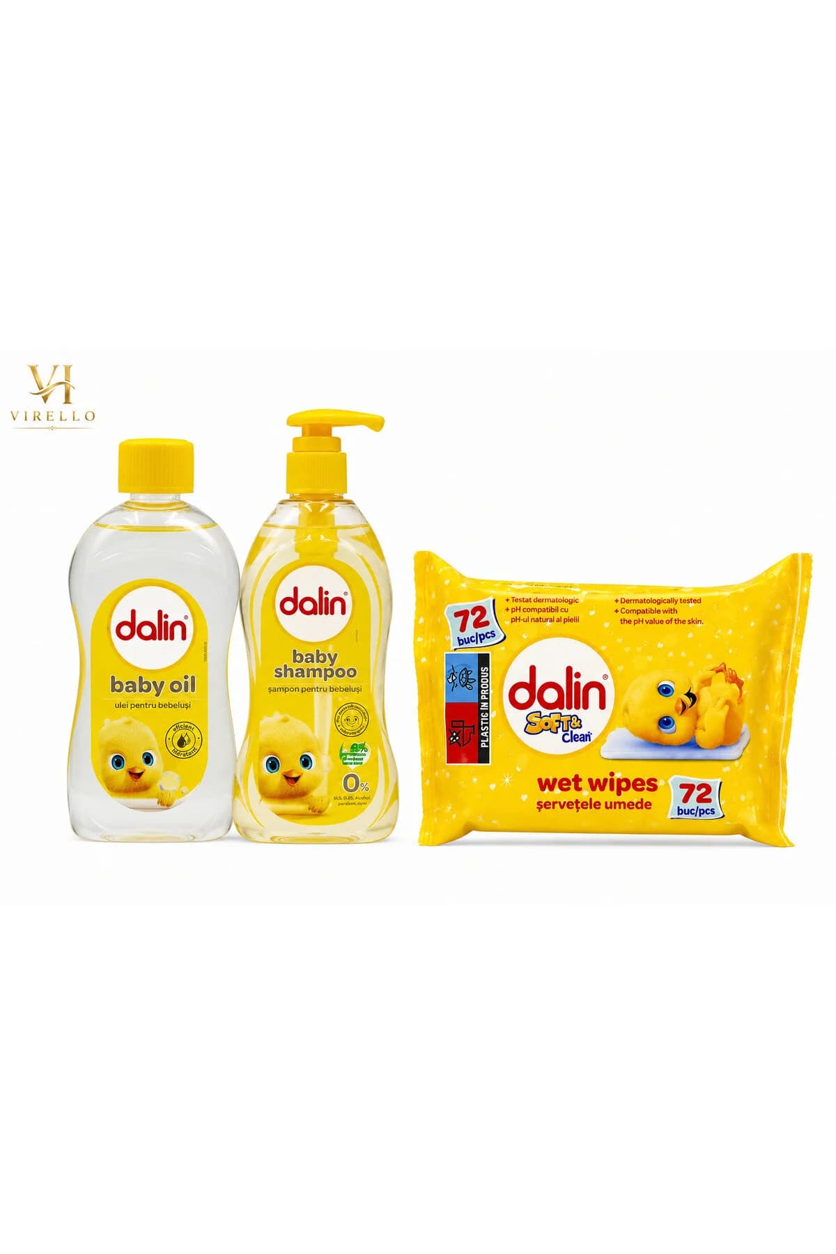 Set îngrijire bebeluși Dalin, ulei Baby Oil + șampon Baby Shampoo + șervețele umede Soft & Clean 72 buc