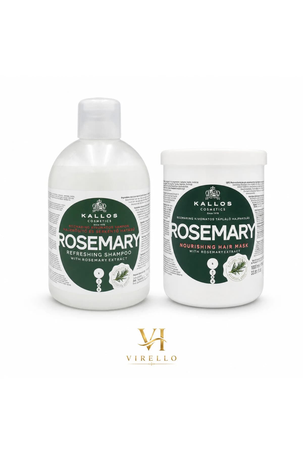 Set Kallos Rosemary – Șampon revigorant cu extract de rozmarin + Mască de păr hrănitoare cu extract de rozmarin, 2 x 1000 ml