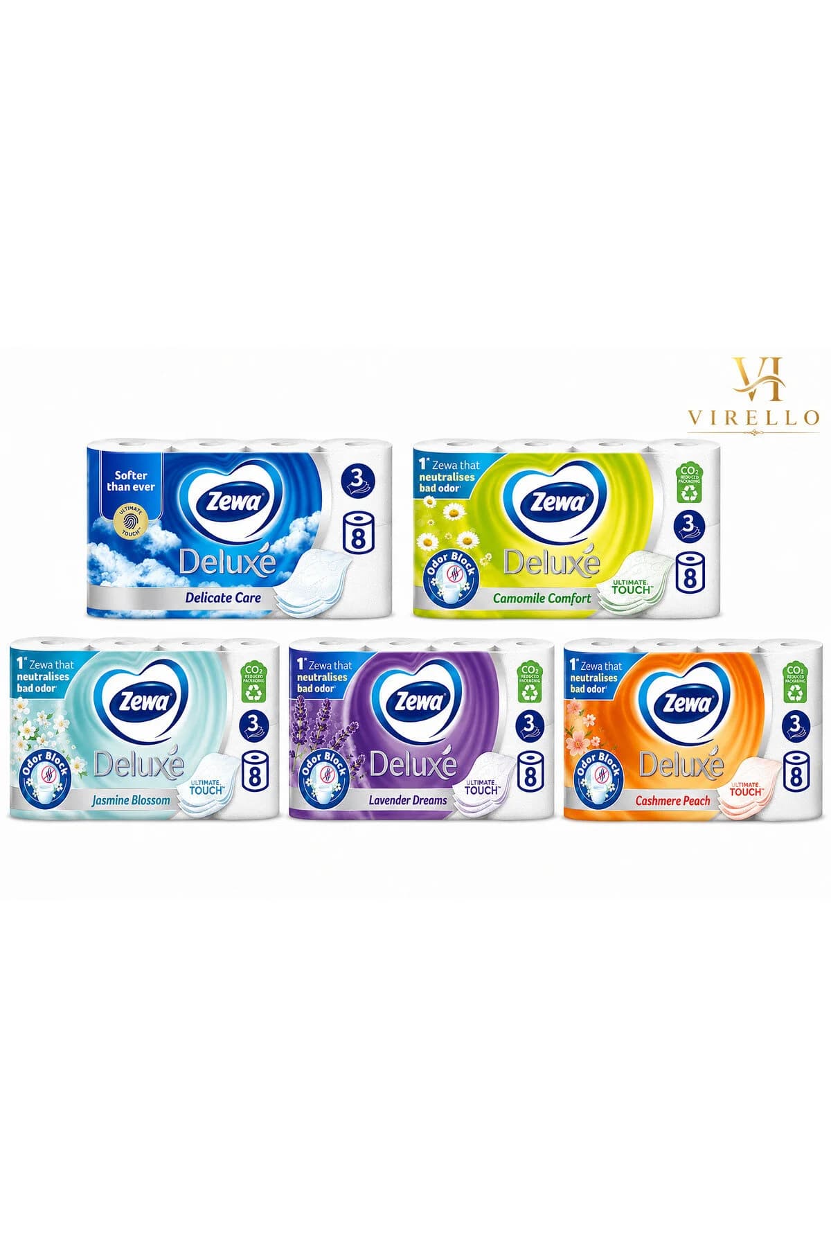 Set 5 x Hârtie Igienică Deluxe, 3 Straturi, 8 Role/Pachet,5 Variante – Delicate Care, Camomile, Jasmine, Lavender, Cashmere Peach
