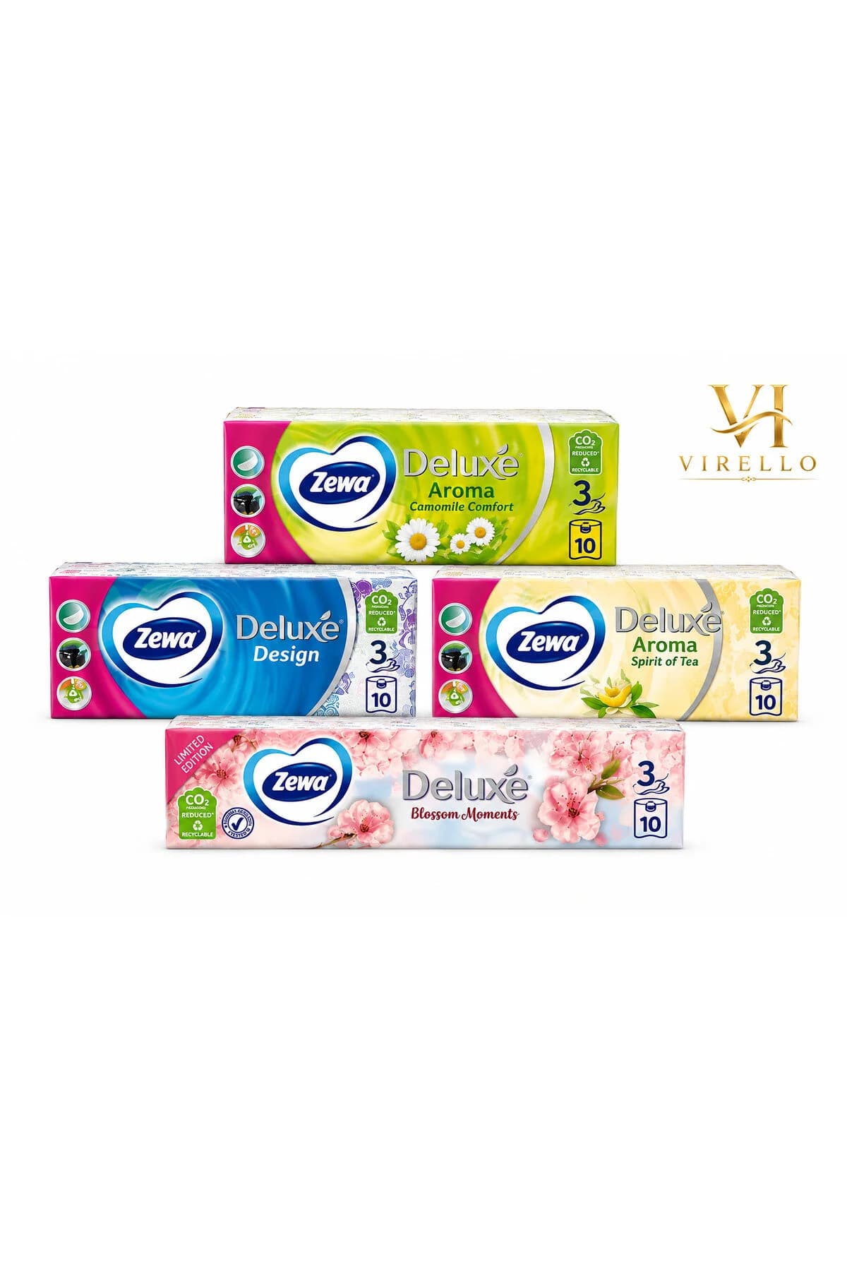 Set 4 x Batiste Igienice Deluxe, 3 Straturi, 10 Buc/Pachet, Camomile Comfort, Design, Spirit of Tea și Blossom Moments