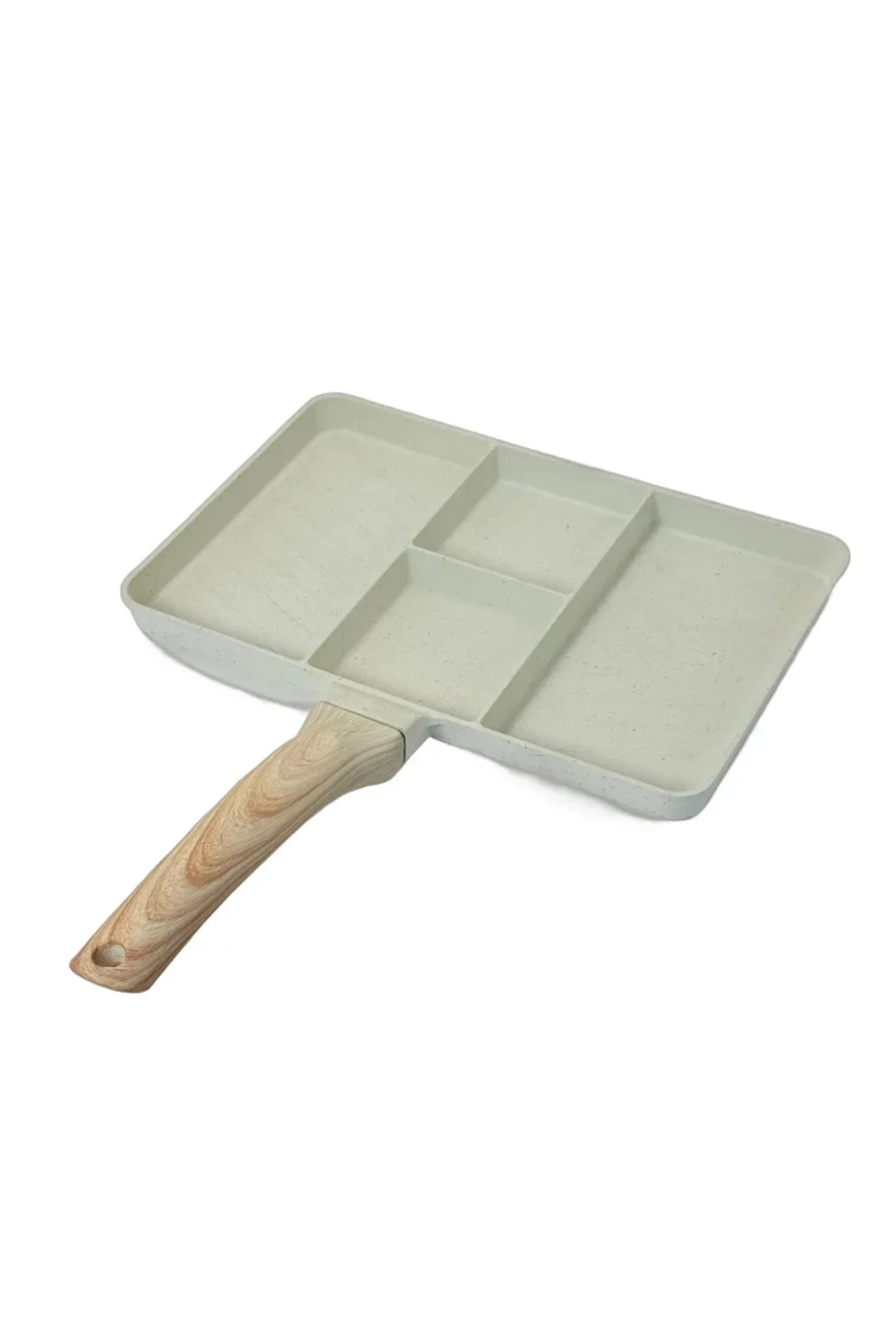Tigaie multifuncțională antiaderentă cu 4 compartimente și mâner cu efect de lemn – 37 cm, ideală pentru gătit simultan ouă, carne, legume și garnituri, compatibilă cu toate tipurile de plite.