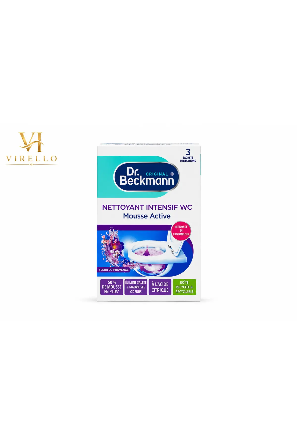 Dr. Beckmann Mousse Active, curățare intensivă WC, Fleur de Provence, 3 plicuri