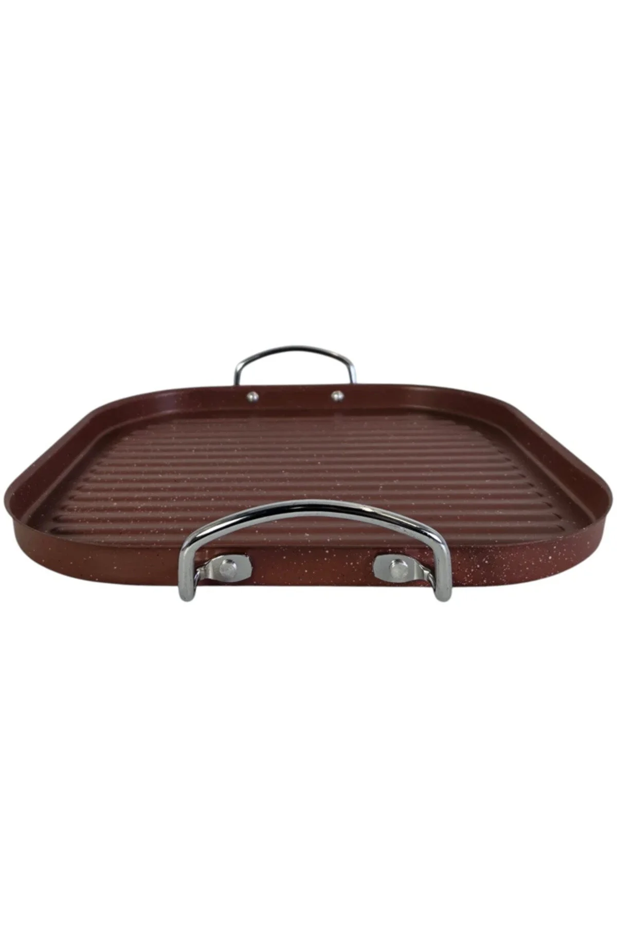Tavă grill de 29 cm cu suprafață striată antiaderentă, pentru carne, legume și sandvișuri, cu mânere metalice.