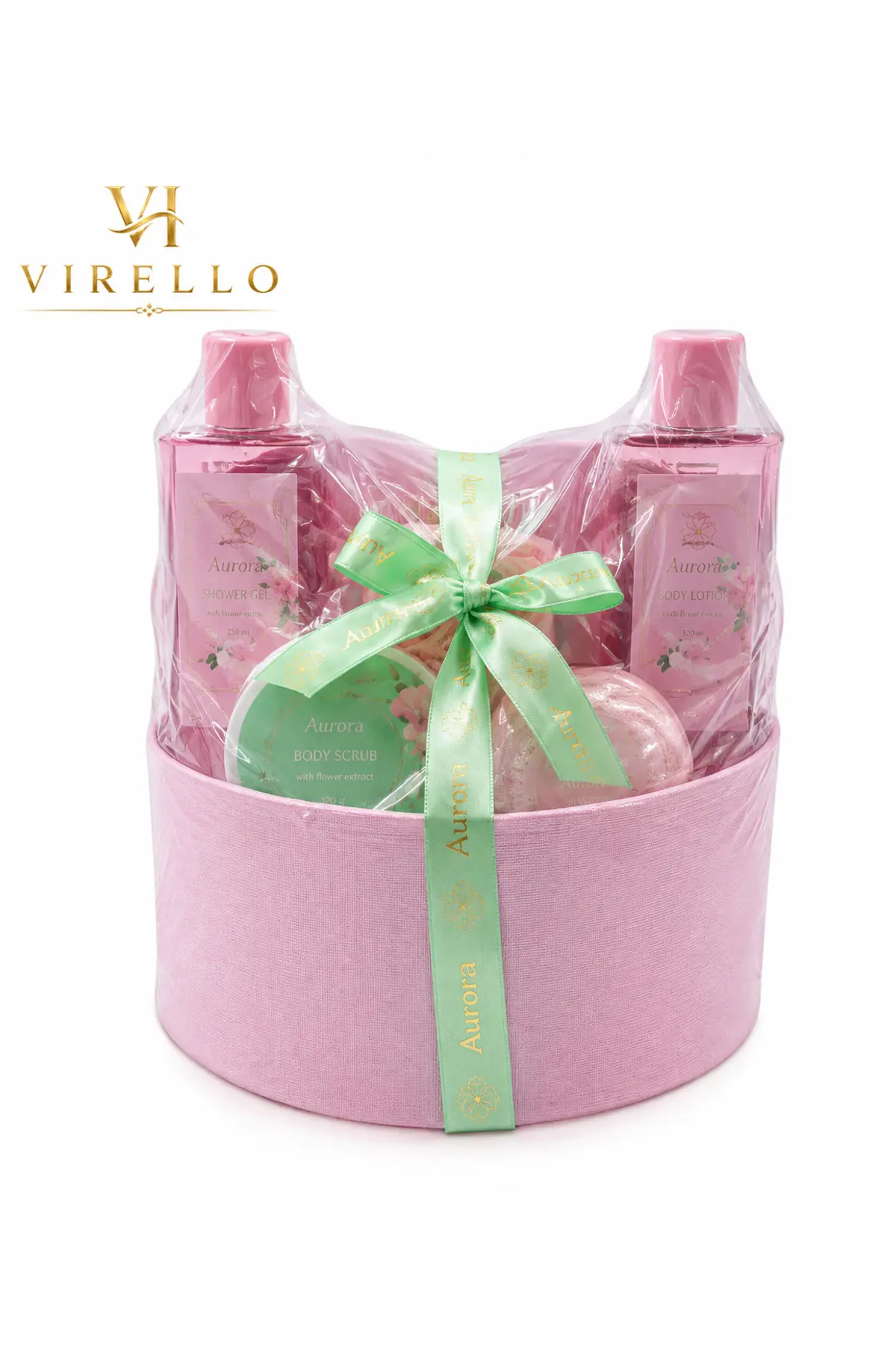 Set cadou Aurora, 4 piese, gel de duș, loțiune de corp, scrub și accesoriu baie, cutie decorativă roz