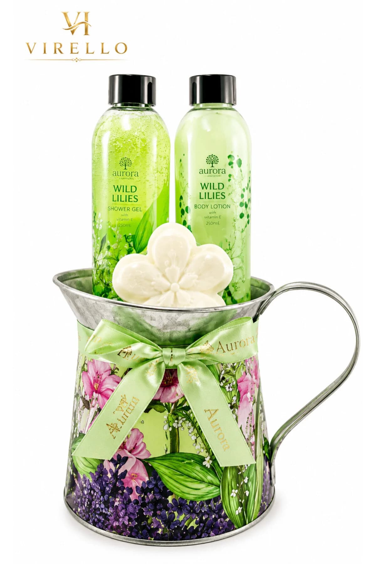 Set cadou Wild Lilies, 3 piese, gel de duș, loțiune de corp și săpun, recipient decorativ
