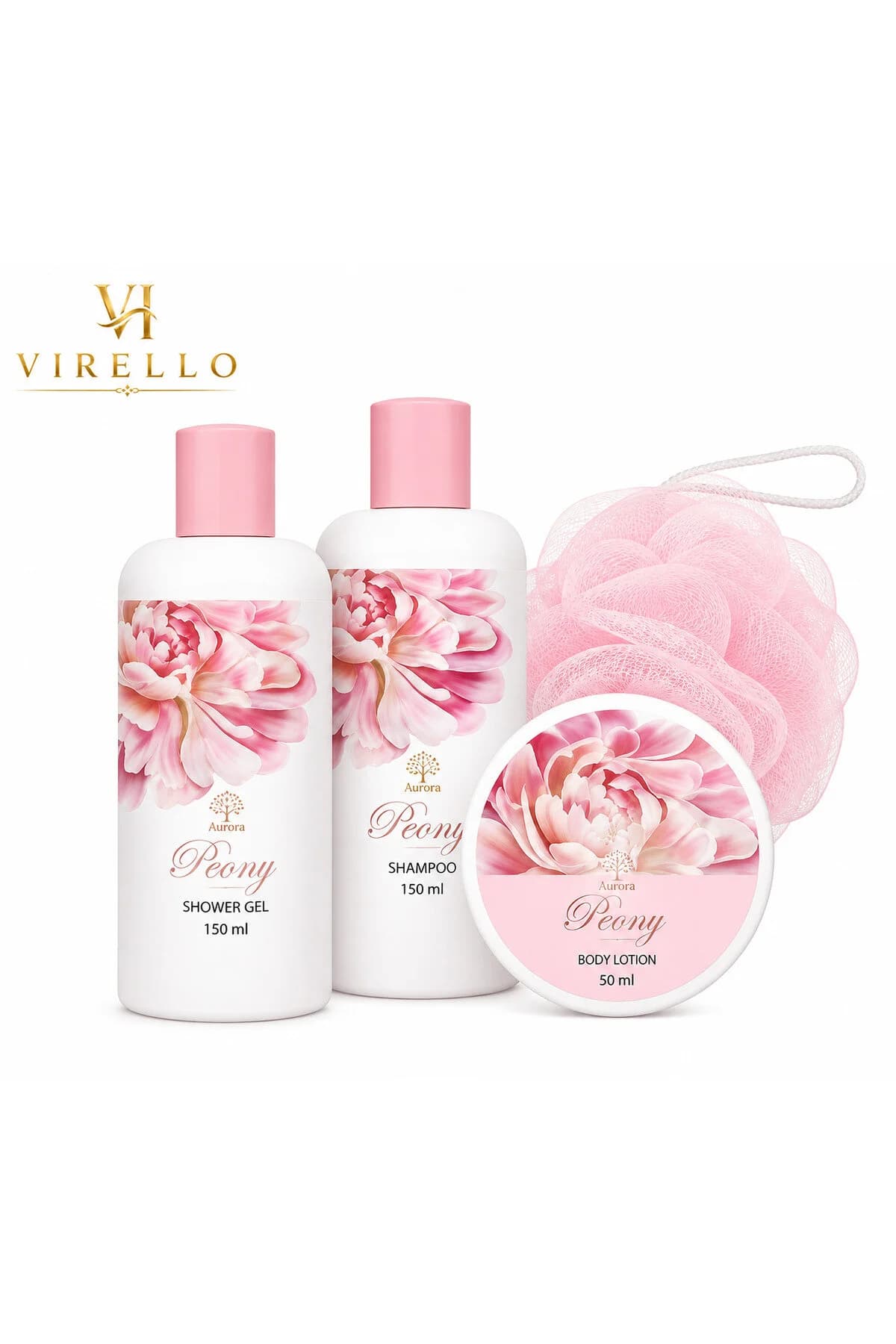 Set cadou Peony, 4 piese, gel de duș, șampon, loțiune de corp și burete de baie