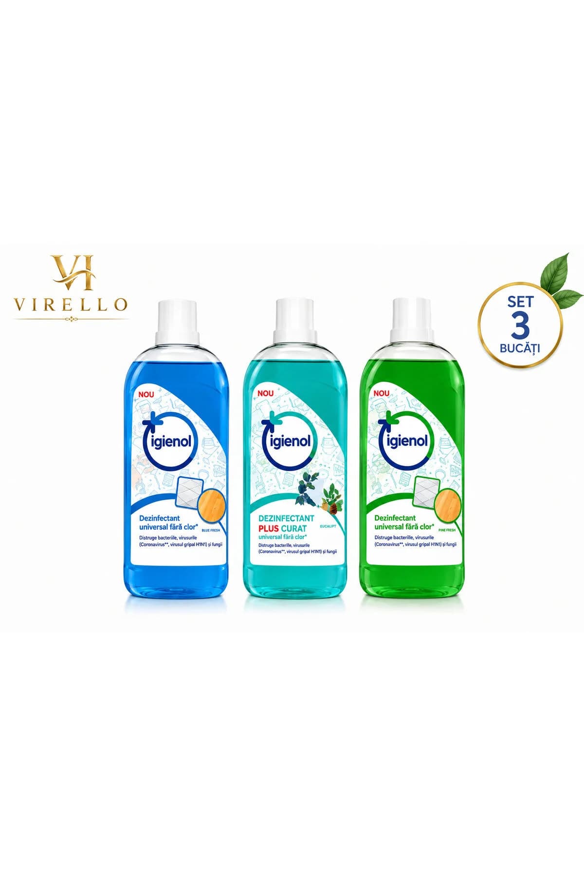 Set 3 Dezinfectanți Universali fără Clor, Blue Fresh, Eucalipt și Pine Fresh, 3 x 1 L
