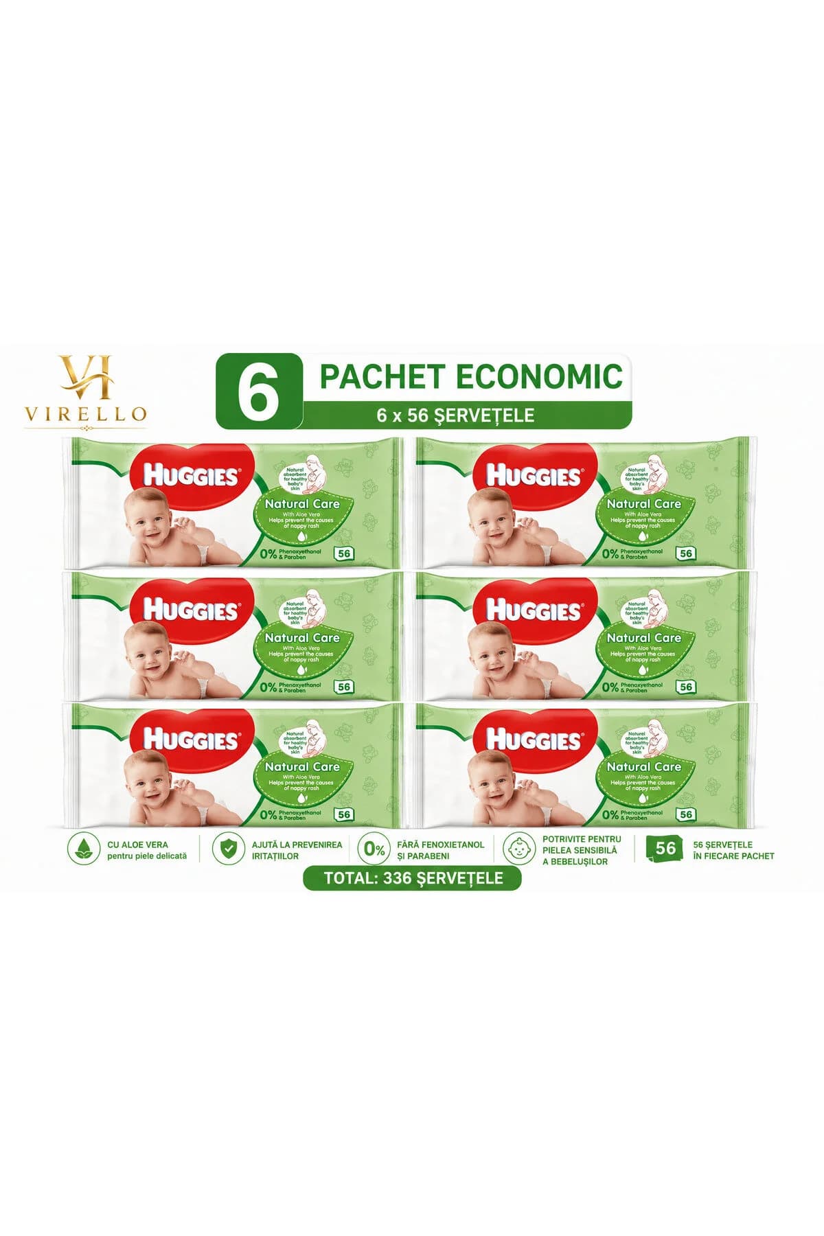 Set 6 x Șervețele umede Care cu Aloe Vera, 56 buc/pachet, total 336 buc