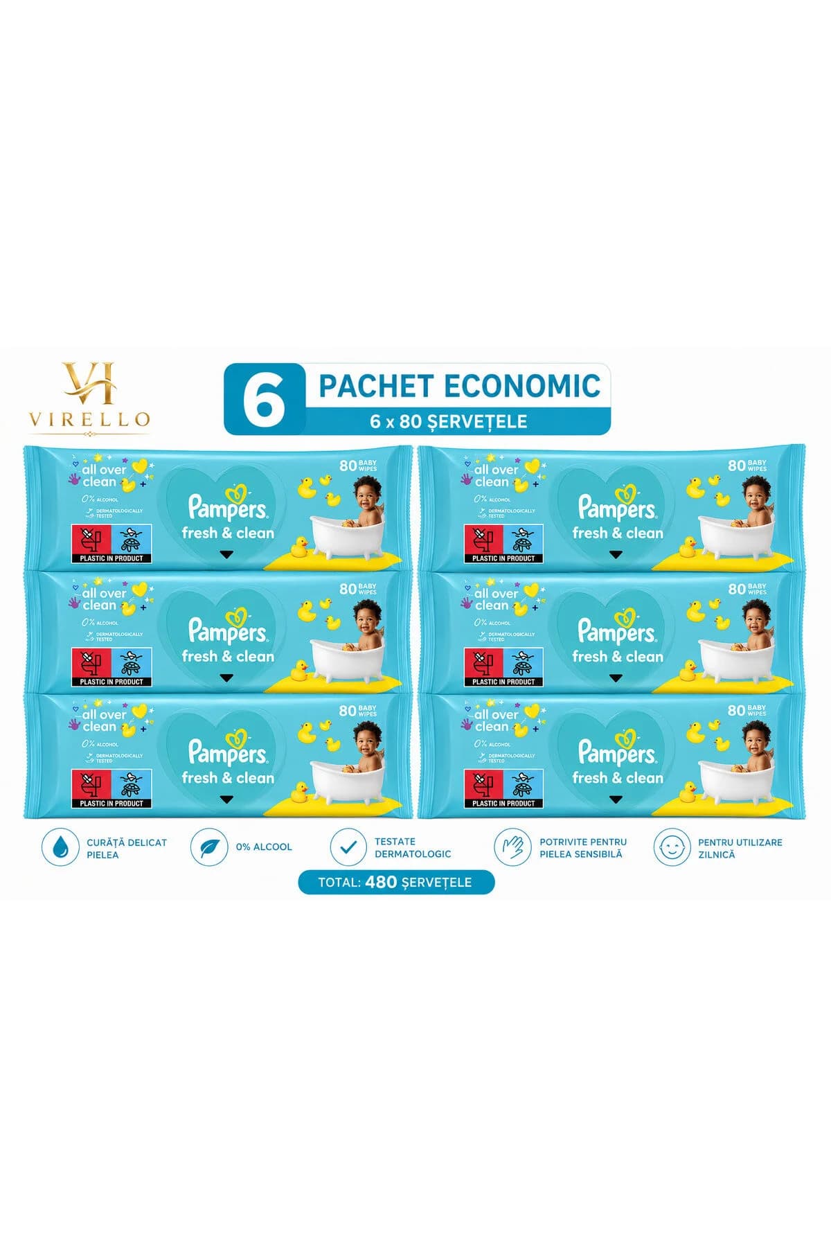 Set 6 Pachete Șervețele Umede Fresh & Clean, 80 buc/pachet, 480 Șervețele