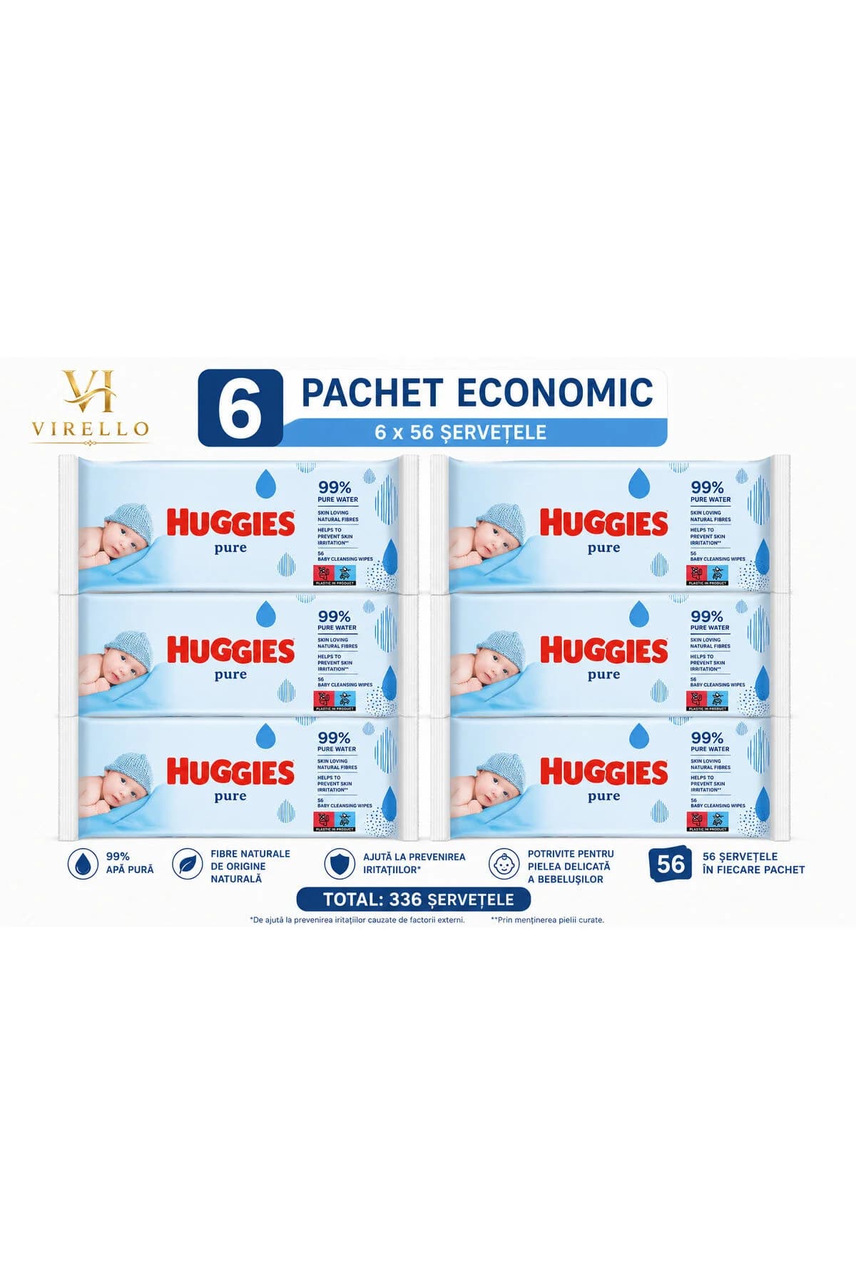 Set 6 x Șervețele umede Pure, 56 buc/pachet, 99% apă pură, total 336 buc
