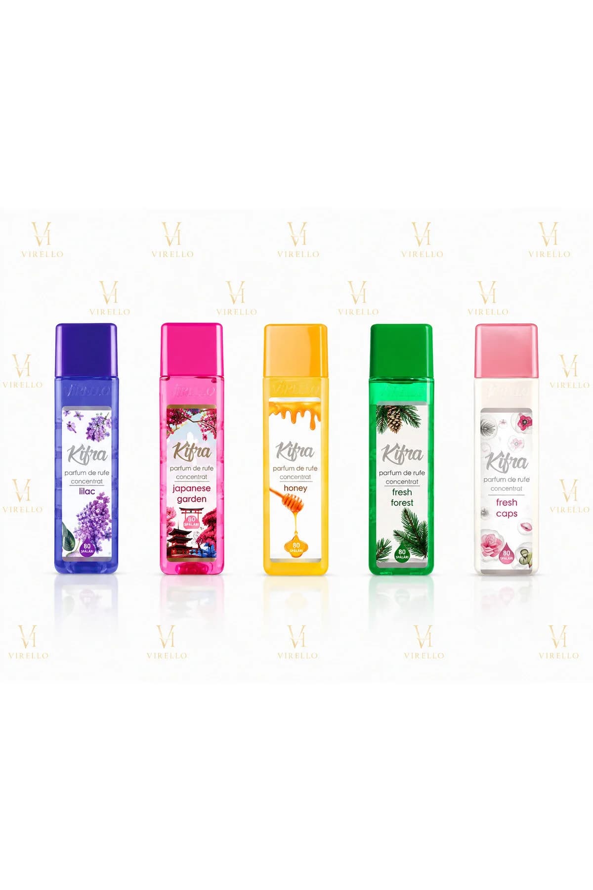 Set 5 Concentrate de Parfum pentru Rufe – Liliac, Grădină Japoneză, Miere, Pădure Proaspătă și Fresh Caps, 200 ml/buc