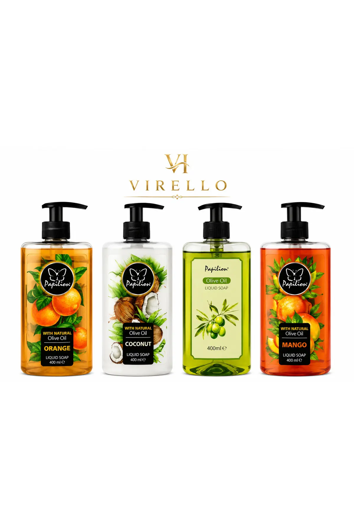 Set 4 săpunuri lichide Papilion, Orange, Coconut, Olive Oil & Mango, 400 ml fiecare