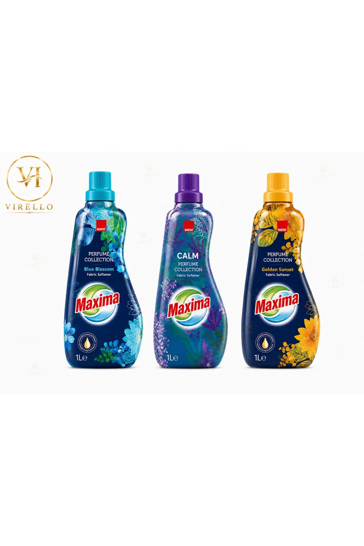 Set 3 balsamuri de rufe Maxima Perfume Collection, Blue Blossom, Calm și Golden Sunset, 1 L, 40 spălări