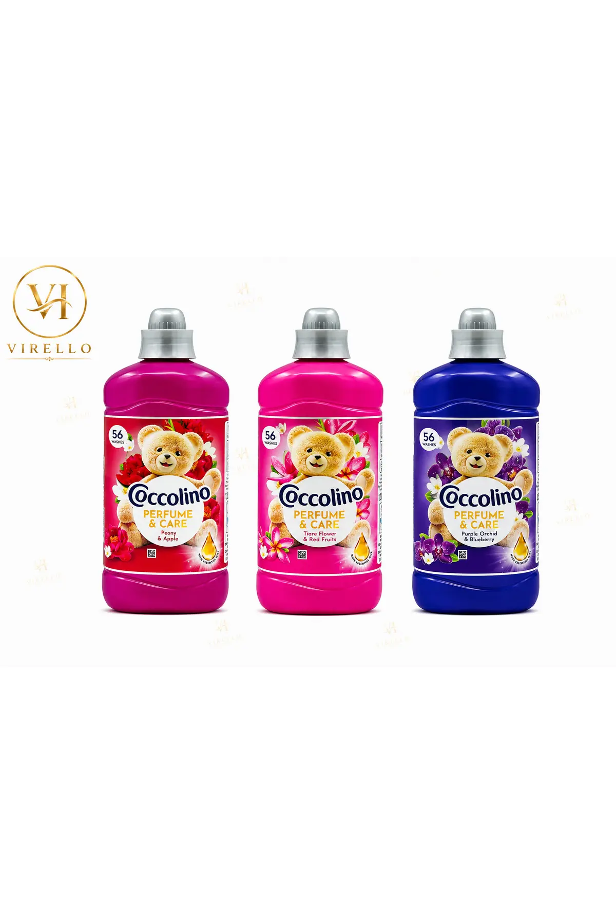 Set 3 balsamuri de rufe Perfume & Care, Peony & Apple, Tiare Flower & Red Fruits și Purple Orchid & Blueberry, 56 spălări