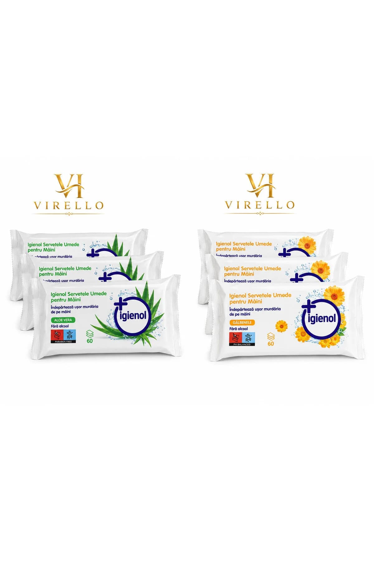 Set 6 Pachete Șervețele Umede pentru Mâini Igienol, Aloe Fresh și Gălbenele, 60 buc/pachet