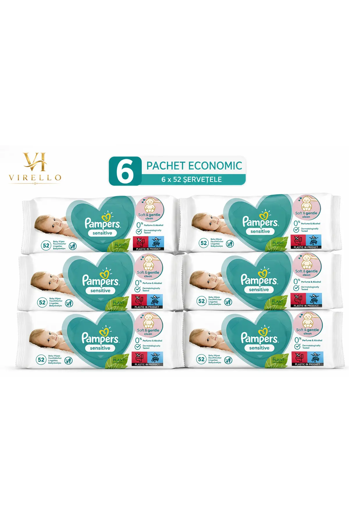 Set 6 pachete Șervețele Umede Sensitive, 52 buc/pachet, Total 312 șervețele