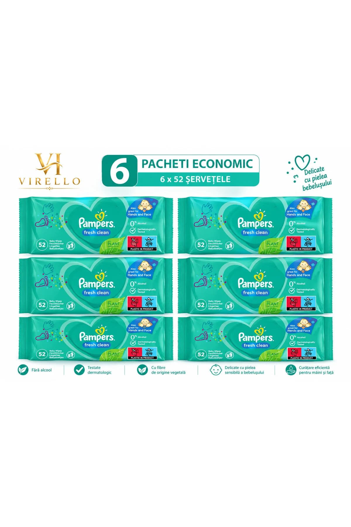 Set 6 pachete Șervețele Umede Fresh Clean, 52 buc/pachet, Total 312 buc
