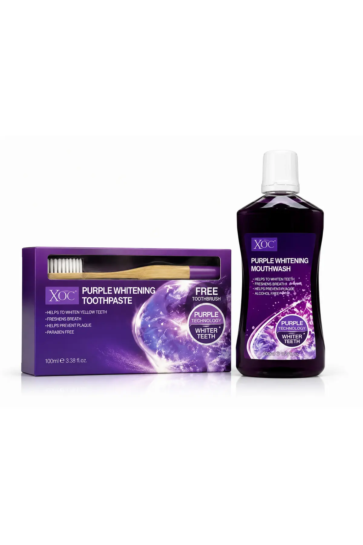 Set îngrijire orală Purple Whitening – Pastă de dinți 100 ml + Periuță + Apă de gură 500 ml